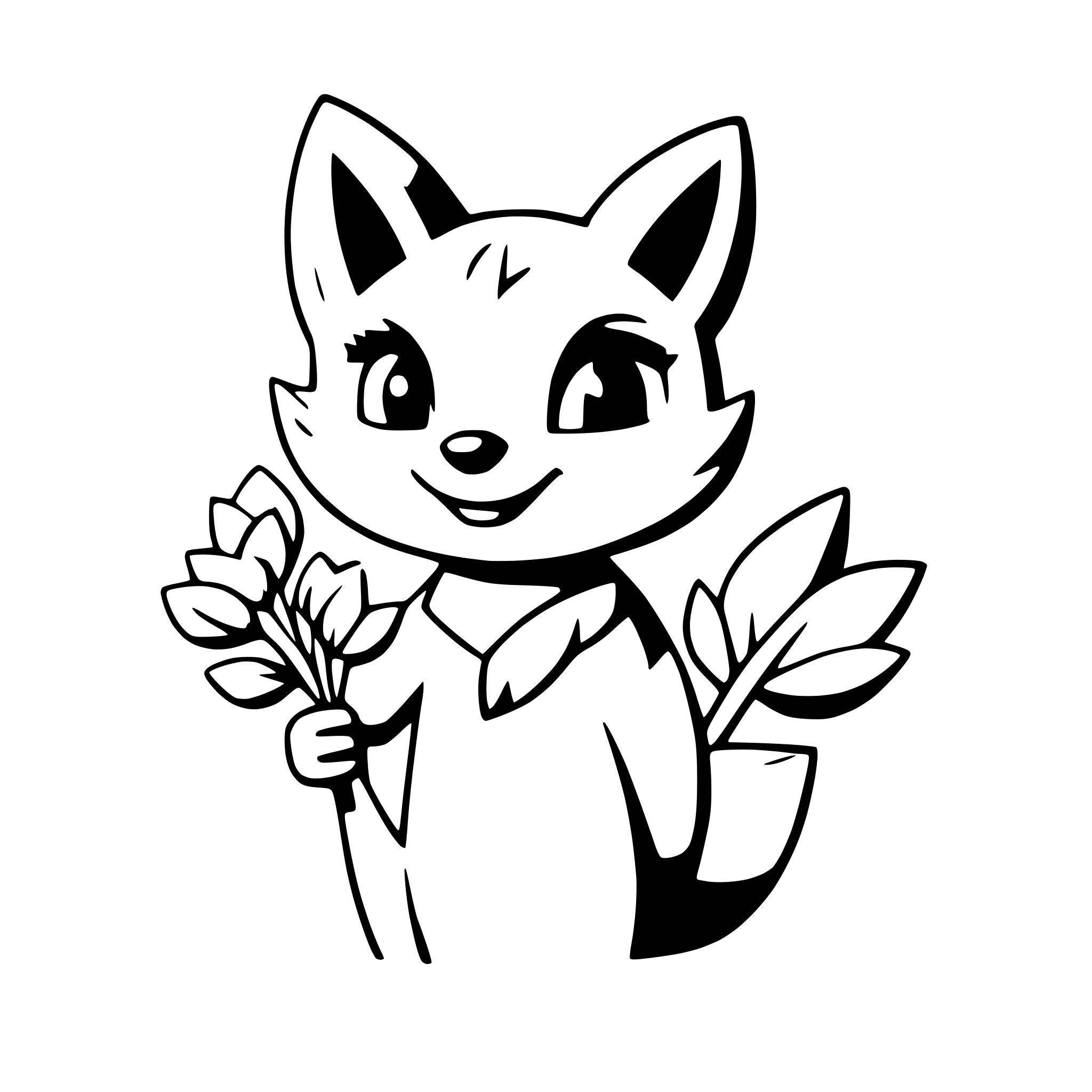 AI-generated SVG of 'a cheerful fox holding a bouquet of flowers'