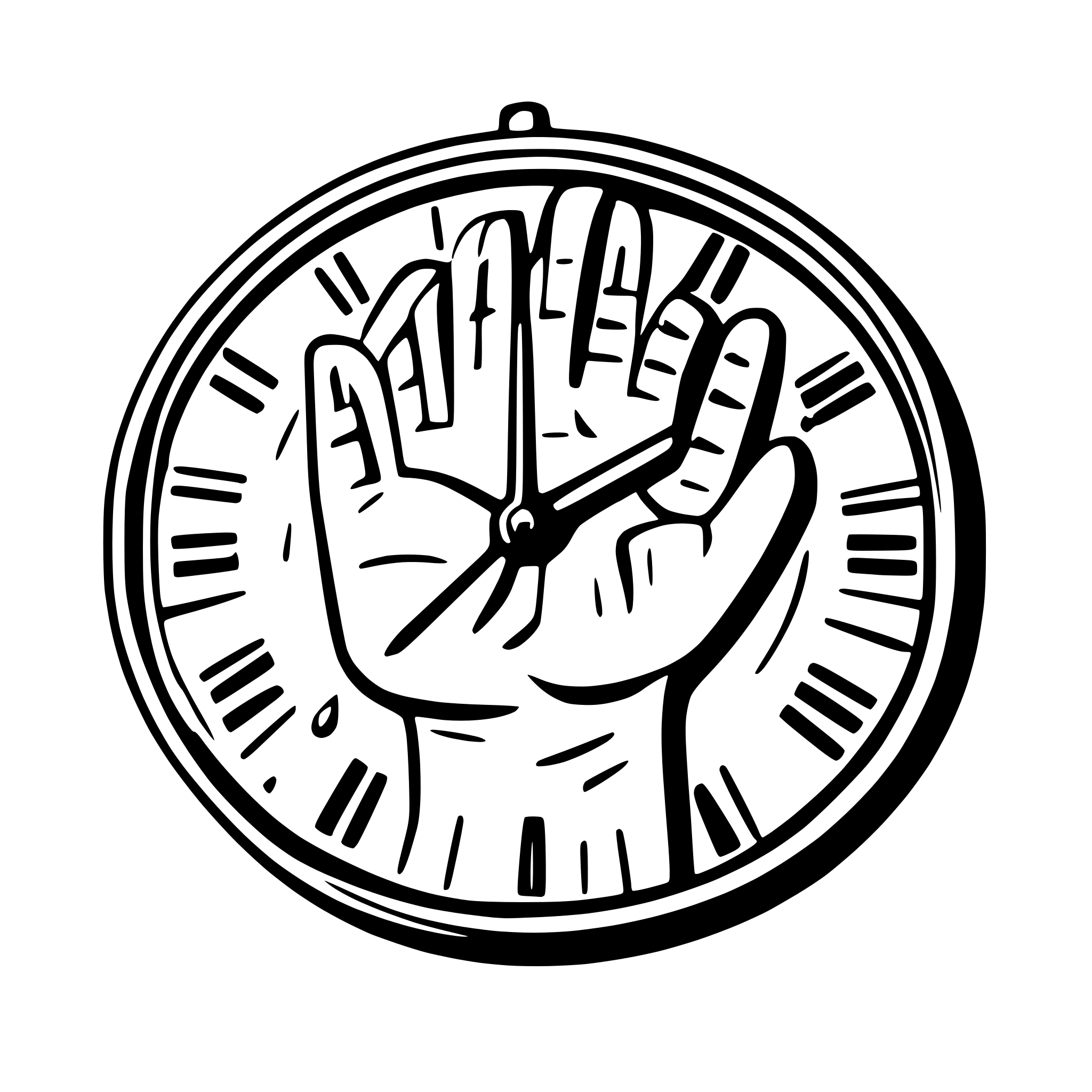 AI-generated SVG of a Generate a clock face with very beautiful hands. The 12 digits on the clock are always 4, but each digit is in a different language