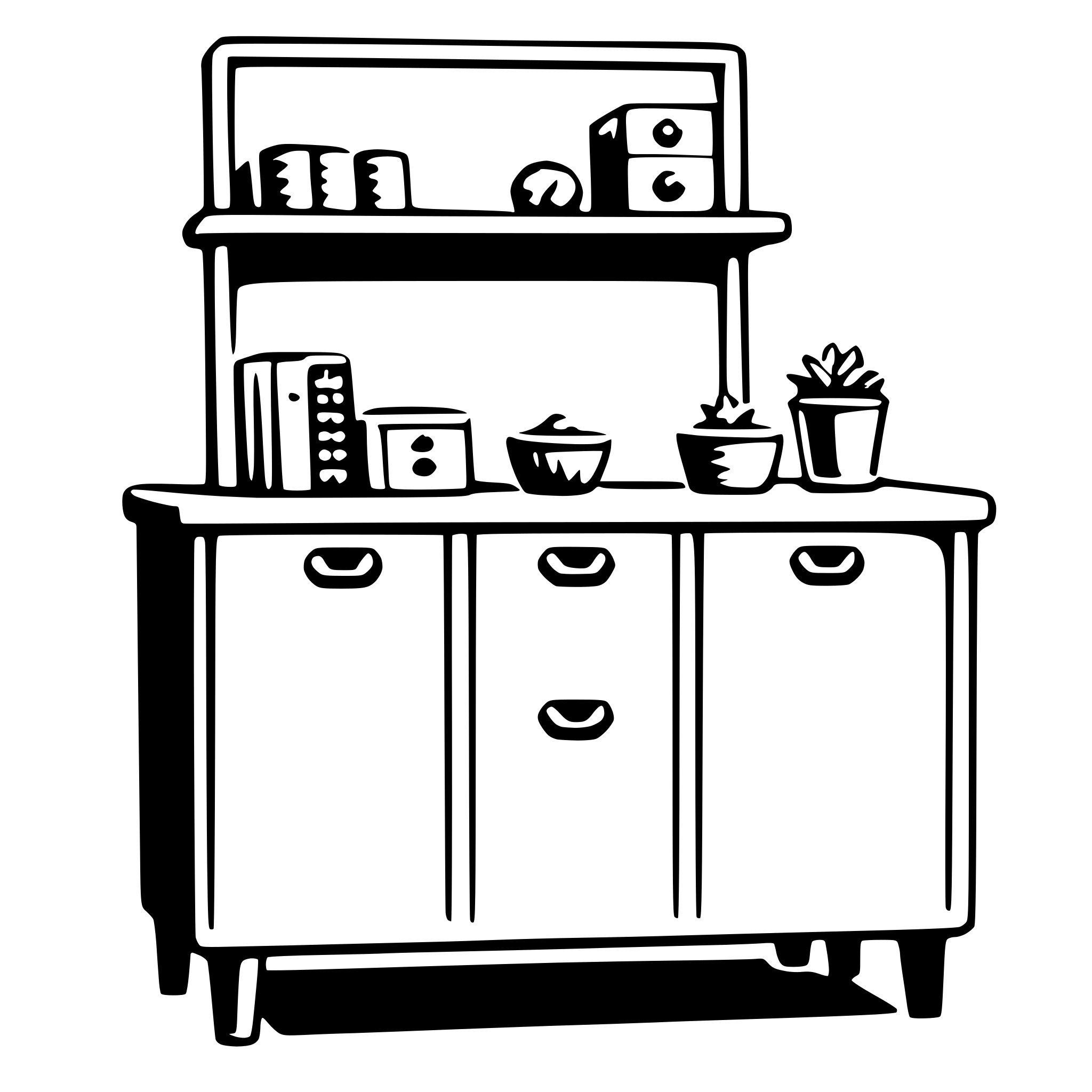 The SVG depicts a simple, stylized representation of a wooden sideboard or cabinet. The cabinet has a flat top surface and features three drawers with handles. On the top of the cabinet, there are two small potted plants, a small stack of books, and a small, rectangular object that could be a box or a container. The cabinet is placed on four legs, and the background is plain and does not provide any additional context or details. The SVG is minimalistic and does not include any text or additional elements. 