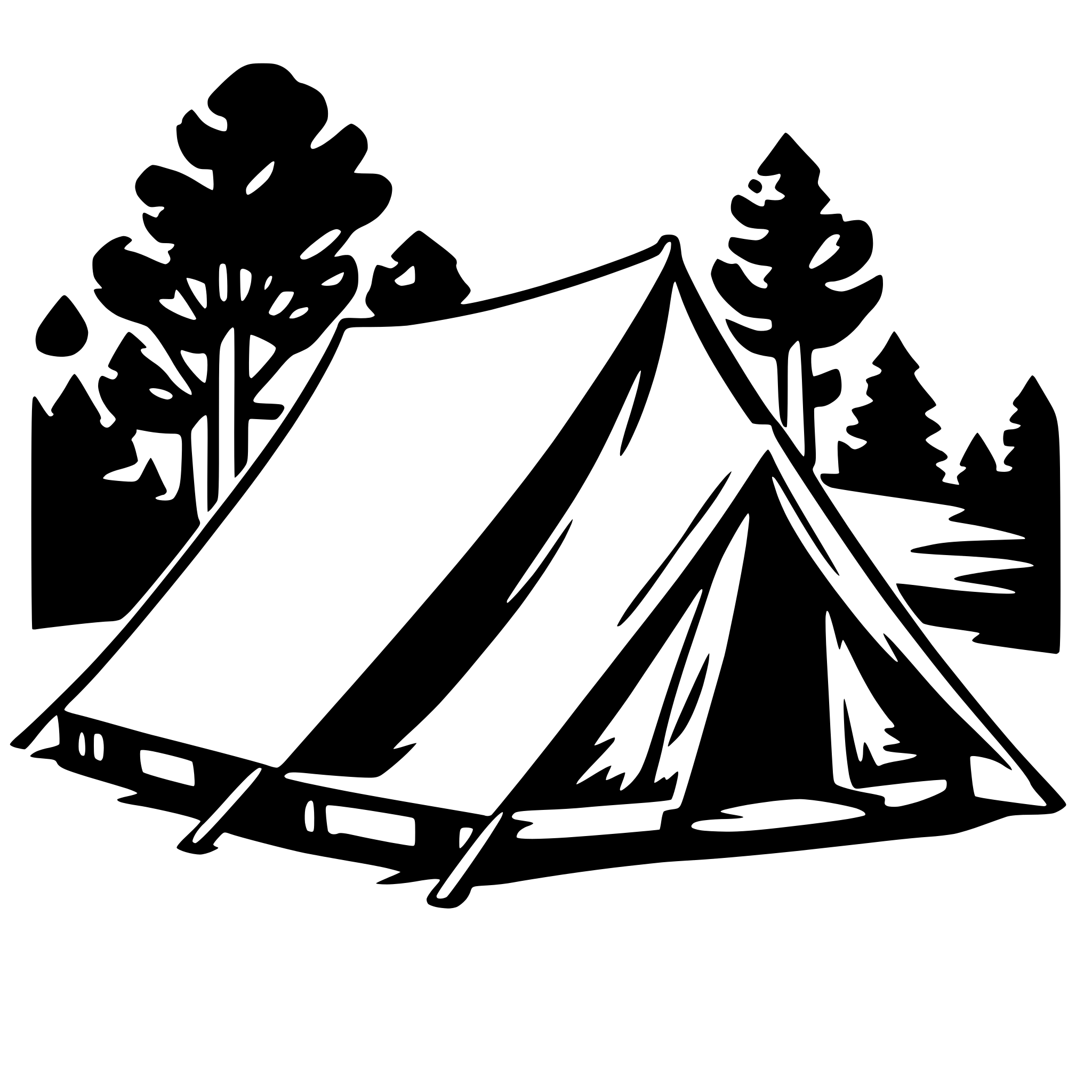 The SVG depicts a simple, stylized camping scene. It features a tent with a triangular roof, set up on a flat surface. The tent has a door on the front and appears to have a small window on the side. Surrounding the tent are silhouettes of trees, suggesting a wooded or forested area. The trees are depicted with a few branches and a simple outline, giving the impression of a natural setting. The overall style is minimalistic and uses negative space to create the shapes of the tent and trees. There is no interaction between the objects; they are static, with the tent being the central focus of the SVG. 