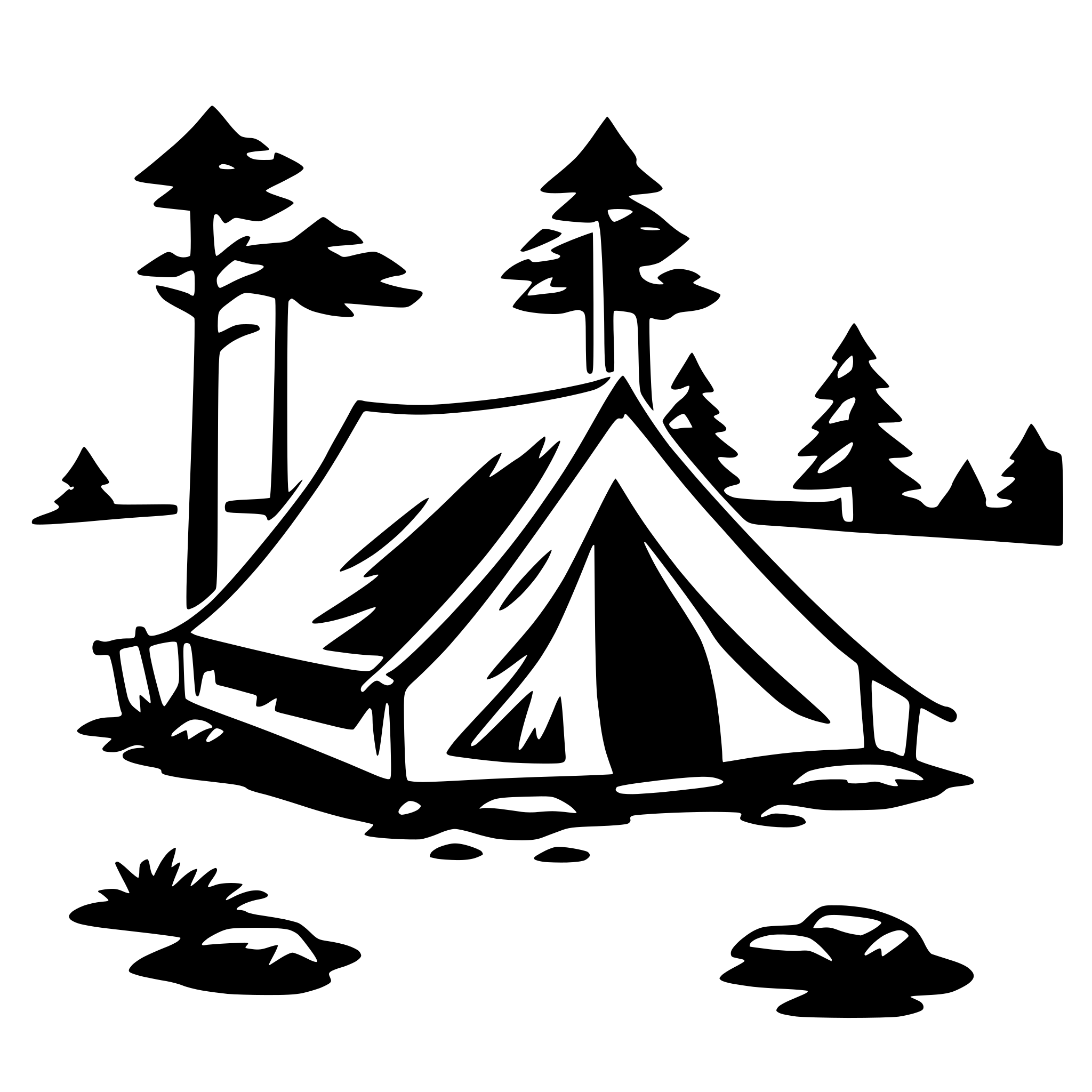 The SVG depicts a simple, stylized camping scene. At the center is a tent with a triangular roof, pitched on a flat surface. The tent has a small door and a flap on the side, suggesting it's designed for a single person or a small group. Surrounding the tent are silhouettes of trees, indicating a wooded area. There are also a few rocks scattered around the tent, adding to the natural setting. The overall style is minimalistic and appears to be designed for a logo or icon, given its simplicity and lack of detail. 