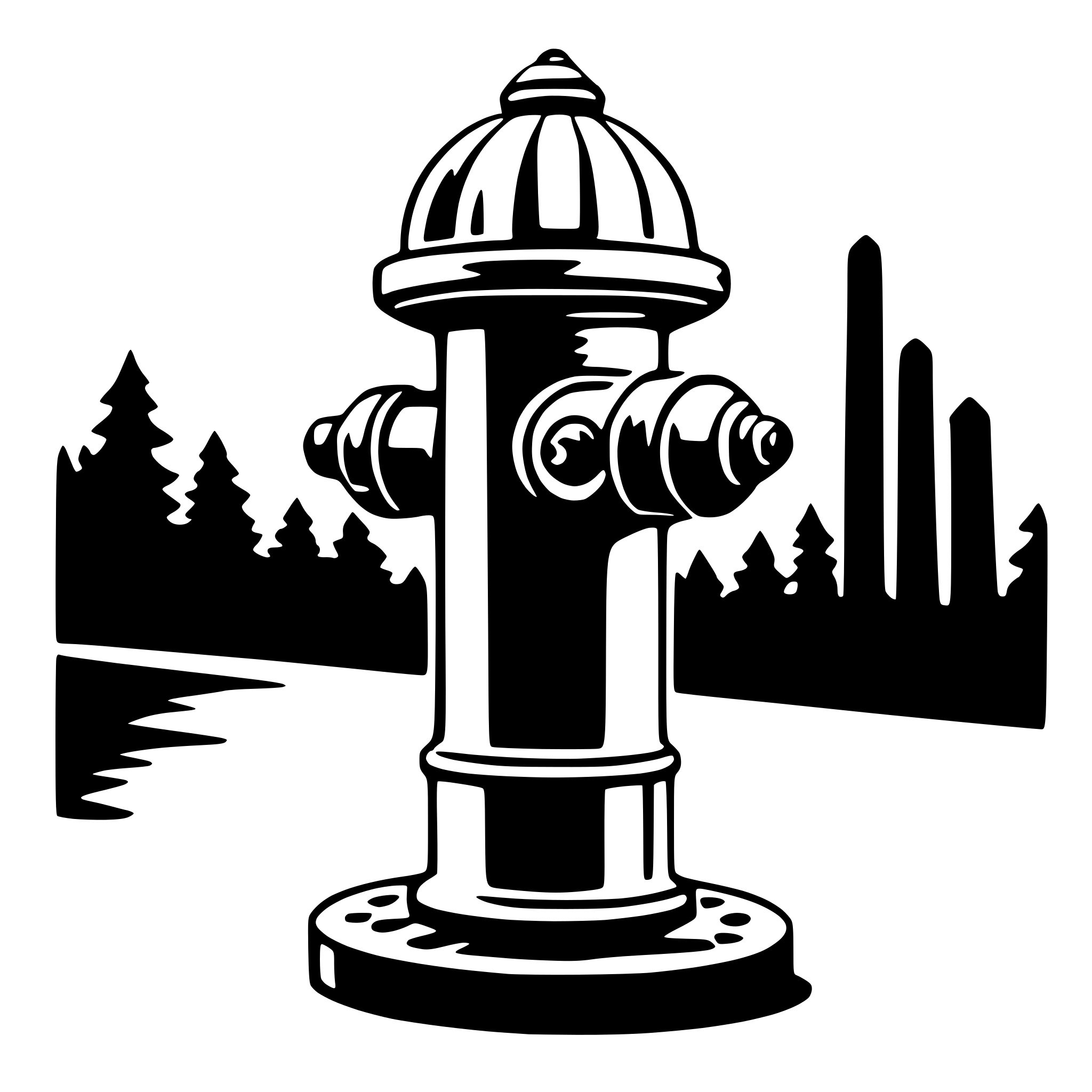The SVG features a stylized black and white illustration of a fire hydrant on the left side, with a background that includes a body of water, a forested area, and a silhouette of a building on the right. The fire hydrant is depicted with a cylindrical body, a dome-shaped top, and three nozzles. The background elements are simplified, with the water appearing as a smooth curve, the trees as vertical lines, and the building as a series of horizontal lines. The hydrant is centrally positioned, and the background elements are arranged to suggest a natural landscape with a man-made structure. 