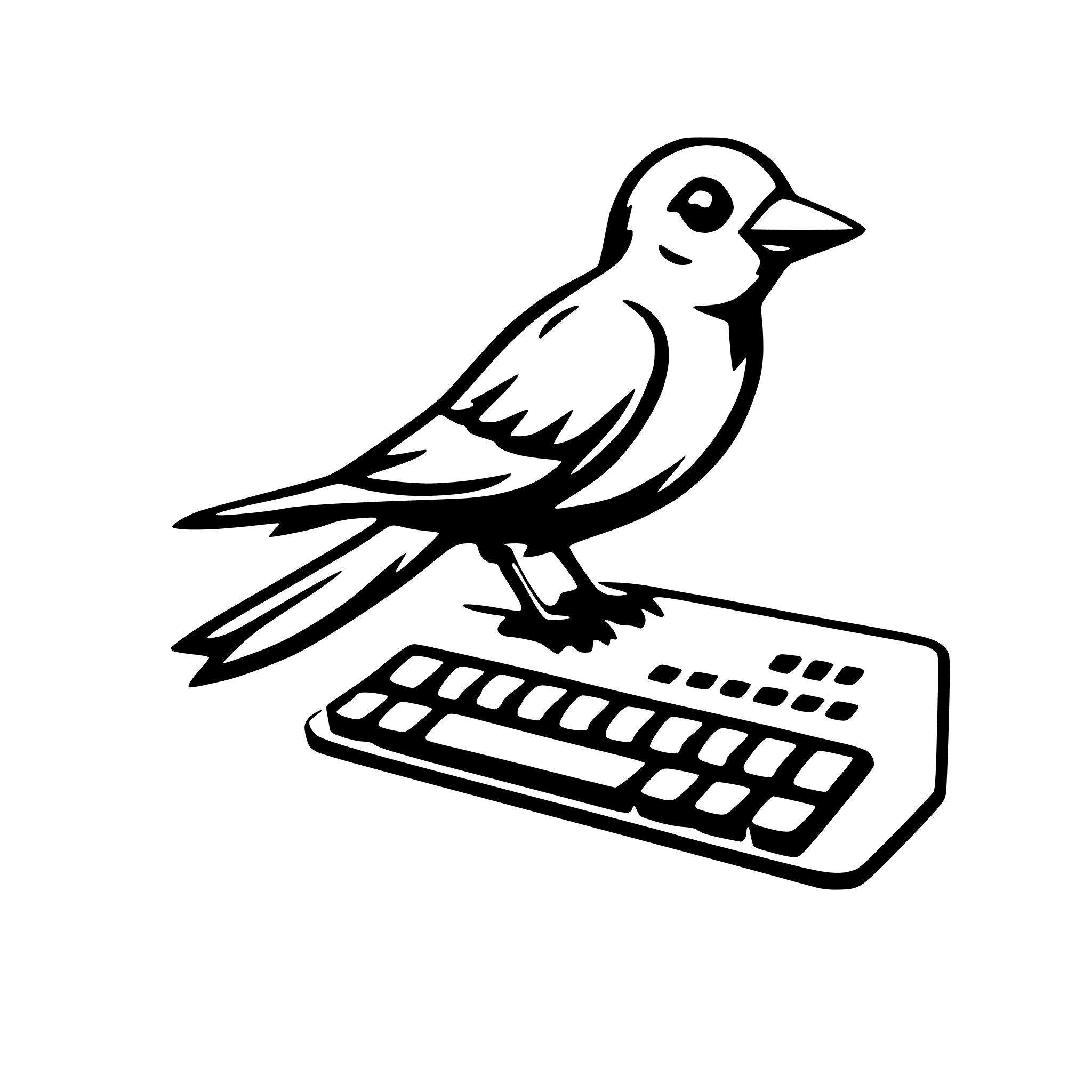 AI-generated SVG of a Simple small cute bird-outline bot typing on a floating keyboard, modern UI, clean lines, white background.