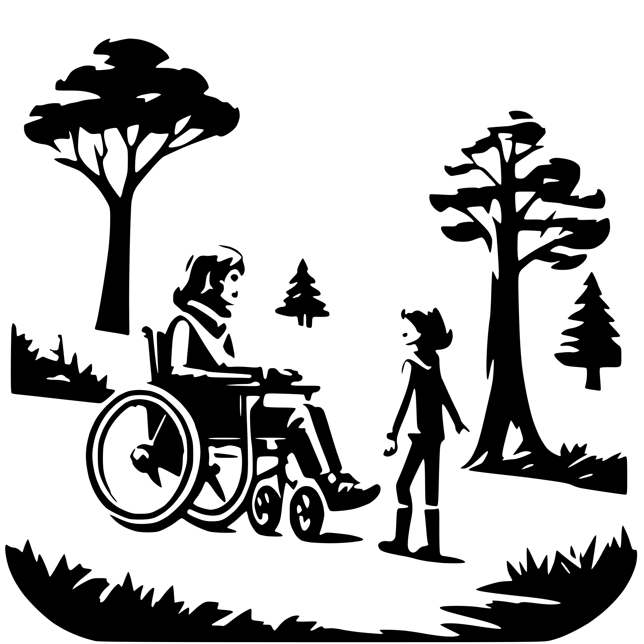 AI-generated SVG of a Side profile of a family on a nature hike. one is using a wheelchair