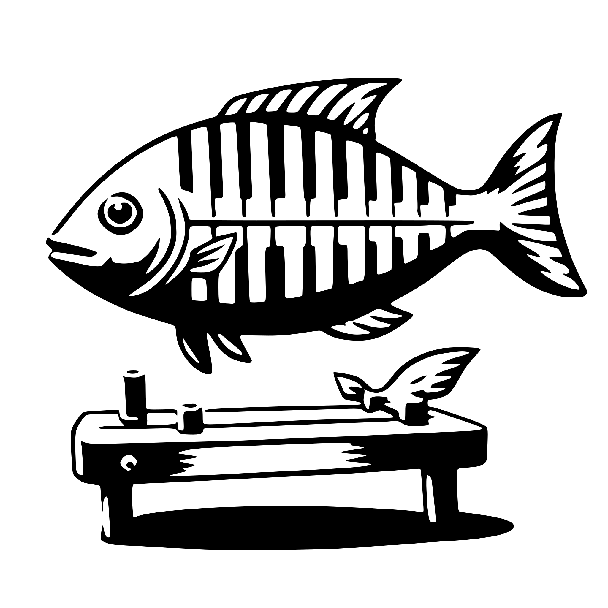 The SVG features a stylized black and white illustration of a fish leaping out of the water. The fish is depicted with a prominent eye, a large mouth, and a patterned body that suggests scales. Below the fish, there is a simple, rectangular object that resembles a bench or a platform, with two cylindrical objects on it that could be interpreted as weights or anchors. The fish appears to be in motion, as if it has just jumped from the water onto the platform. The overall style is minimalistic and cartoonish, with bold outlines and a lack of detail that gives it a playful and whimsical feel. 