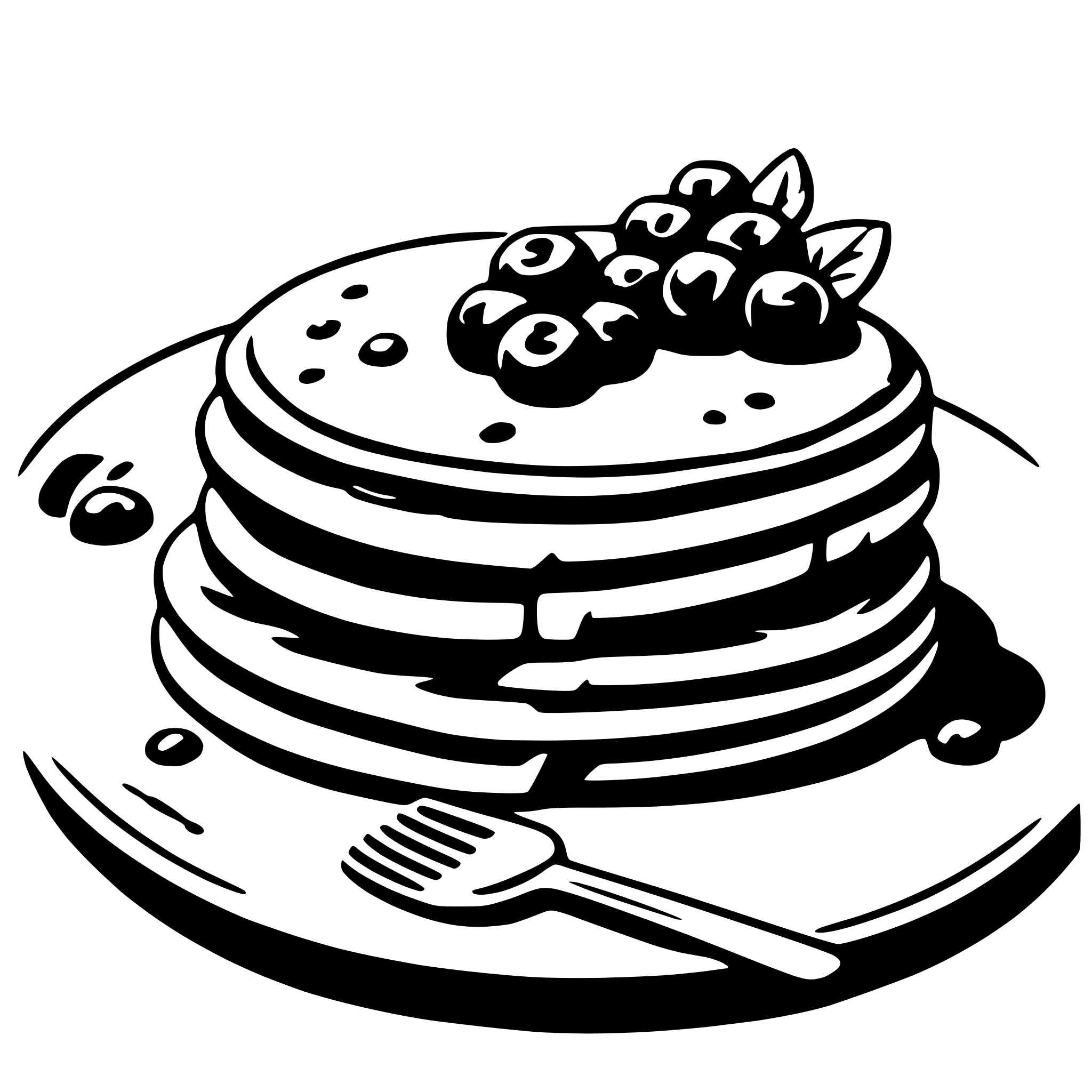 The SVG depicts a stylized illustration of a stack of pancakes topped with a cluster of berries, possibly blueberries, and a single berry. To the right of the pancakes, there is a simple fork. The pancakes are shown with a golden-brown color, suggesting they are cooked, and the berries are rendered in a darker shade, indicating they are ripe. The fork is positioned as if ready to be used to eat the pancakes. The SVG is presented in a flat, two-dimensional style with no shading or depth, which is typical for vector graphics. 