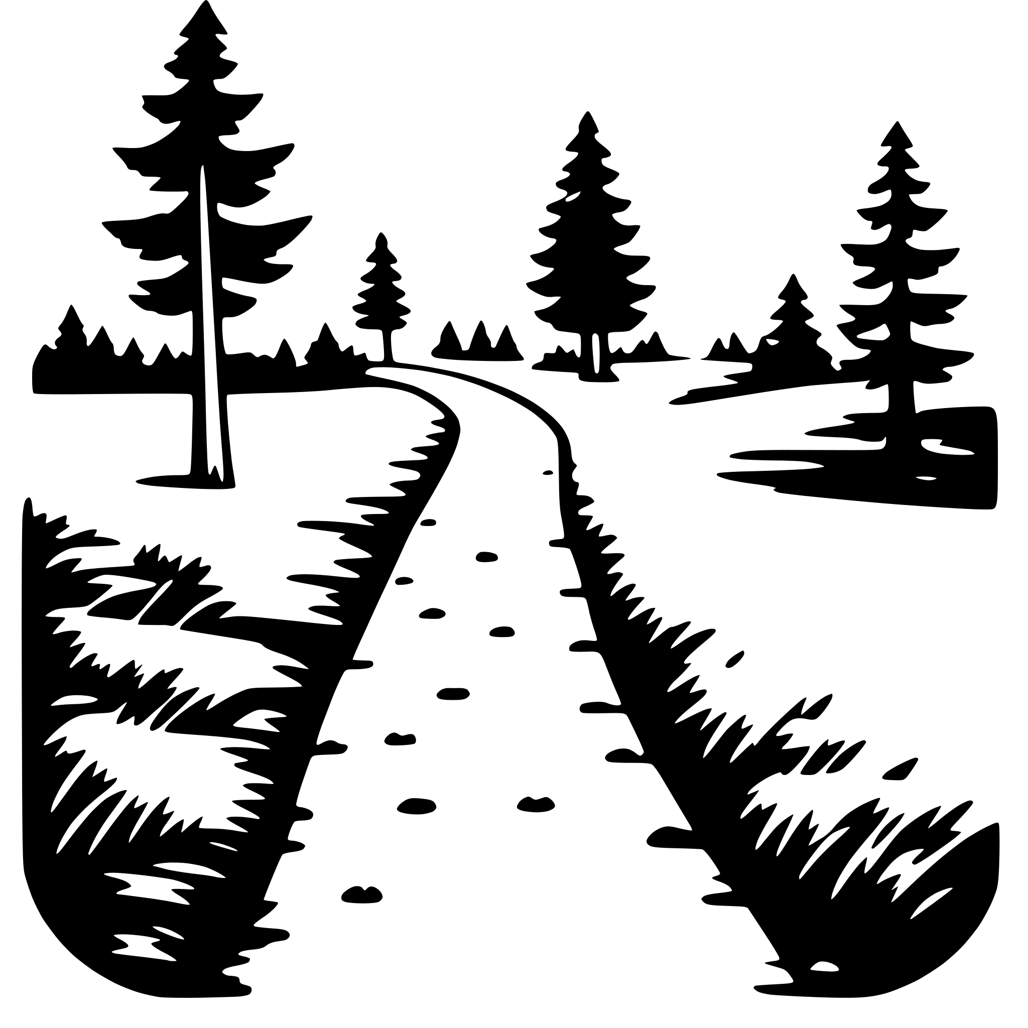The SVG depicts a stylized, monochrome winter scene. The main objects are a path leading through a forest, with trees on either side. The path is flanked by a shadow that suggests the presence of a sun or light source on the left side of the SVG. The trees are simplified with minimal detail, and the ground is depicted with a pattern that could represent snow or a snowy ground surface. The overall impression is of a peaceful, wintery landscape. 