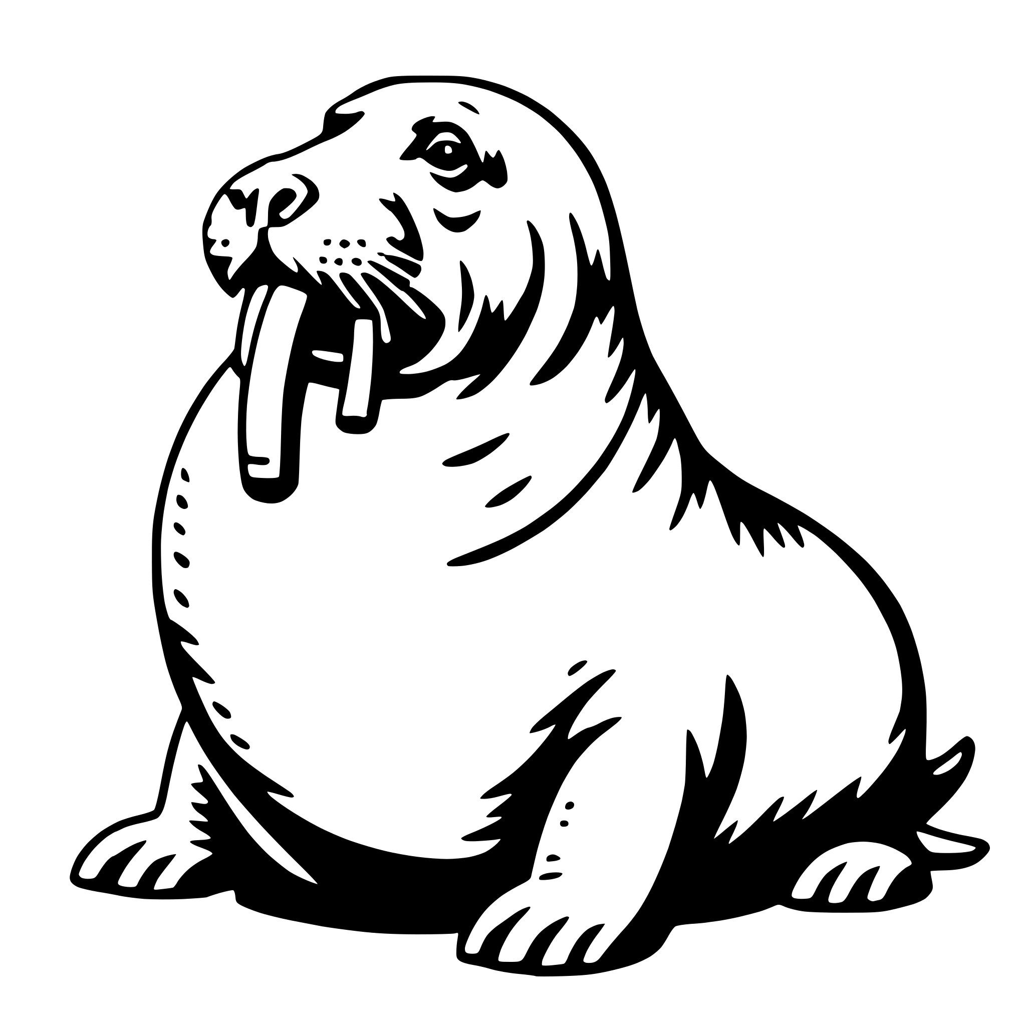 The SVG depicts a cartoon-style seal sitting upright on its hind legs. The seal has a large, round body with a thick, wrinkled skin texture. It has a long snout with a visible nostril and a small, pointed ear. The seal's eyes are large and round, and it has a small, triangular fin on its back. It is holding a fish in its mouth, which is sticking out of its mouth. The seal's front flippers are extended forward, and its hind flippers are tucked under its body. The seal's tail is curled around its body. The seal appears to be looking directly at the viewer. 