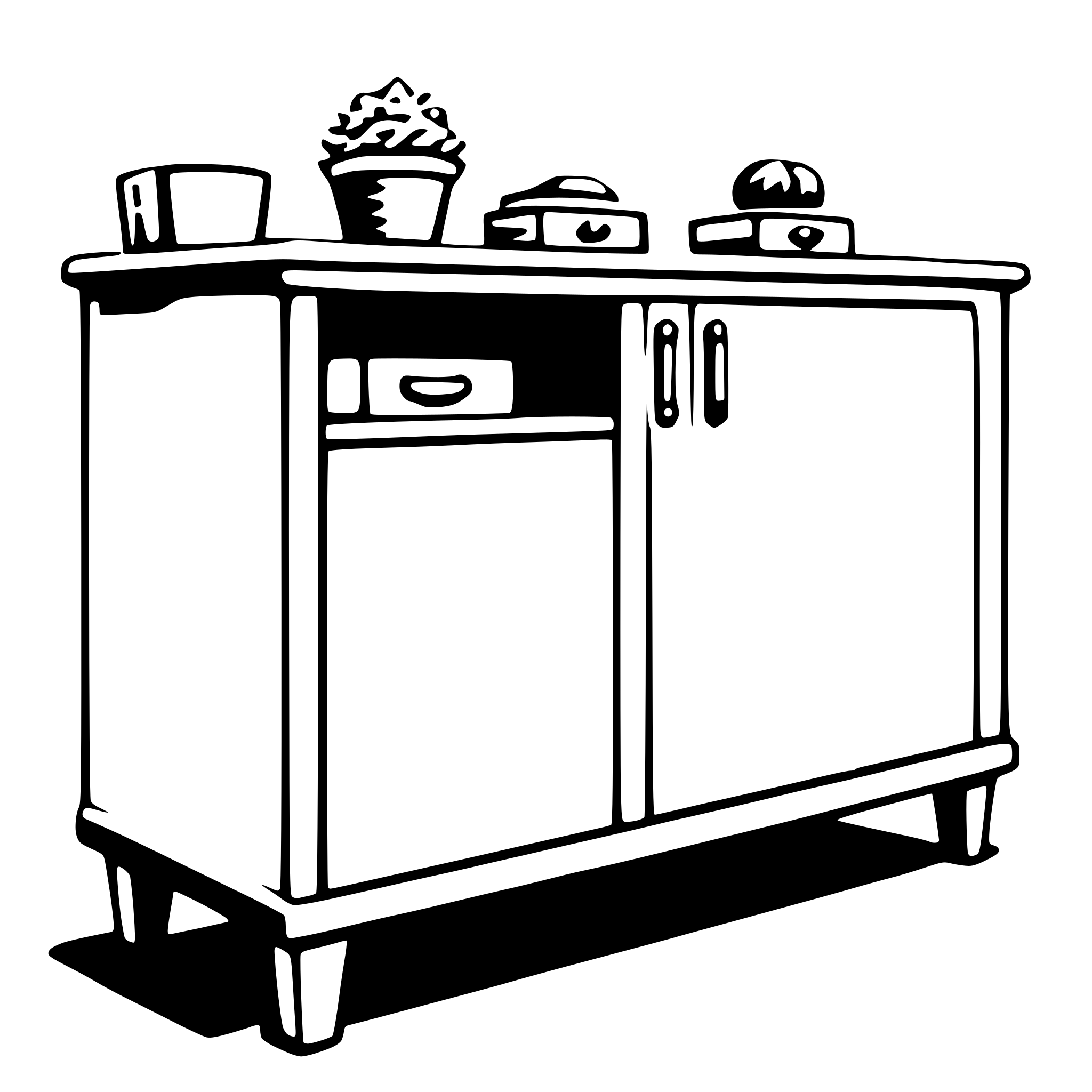The SVG depicts a simple, stylized representation of a wooden sideboard or cabinet. The cabinet has a flat top surface, and there are two doors with handles, suggesting that they can be opened. On the top of the cabinet, there are three items: a small plant in a pot, a round object that could be a bowl or a decorative item, and a small, square-shaped box or container. The cabinet is placed on four legs, which are not detailed but suggest a stable base. The overall style is minimalistic and appears to be a line drawing with no shading or color information. 