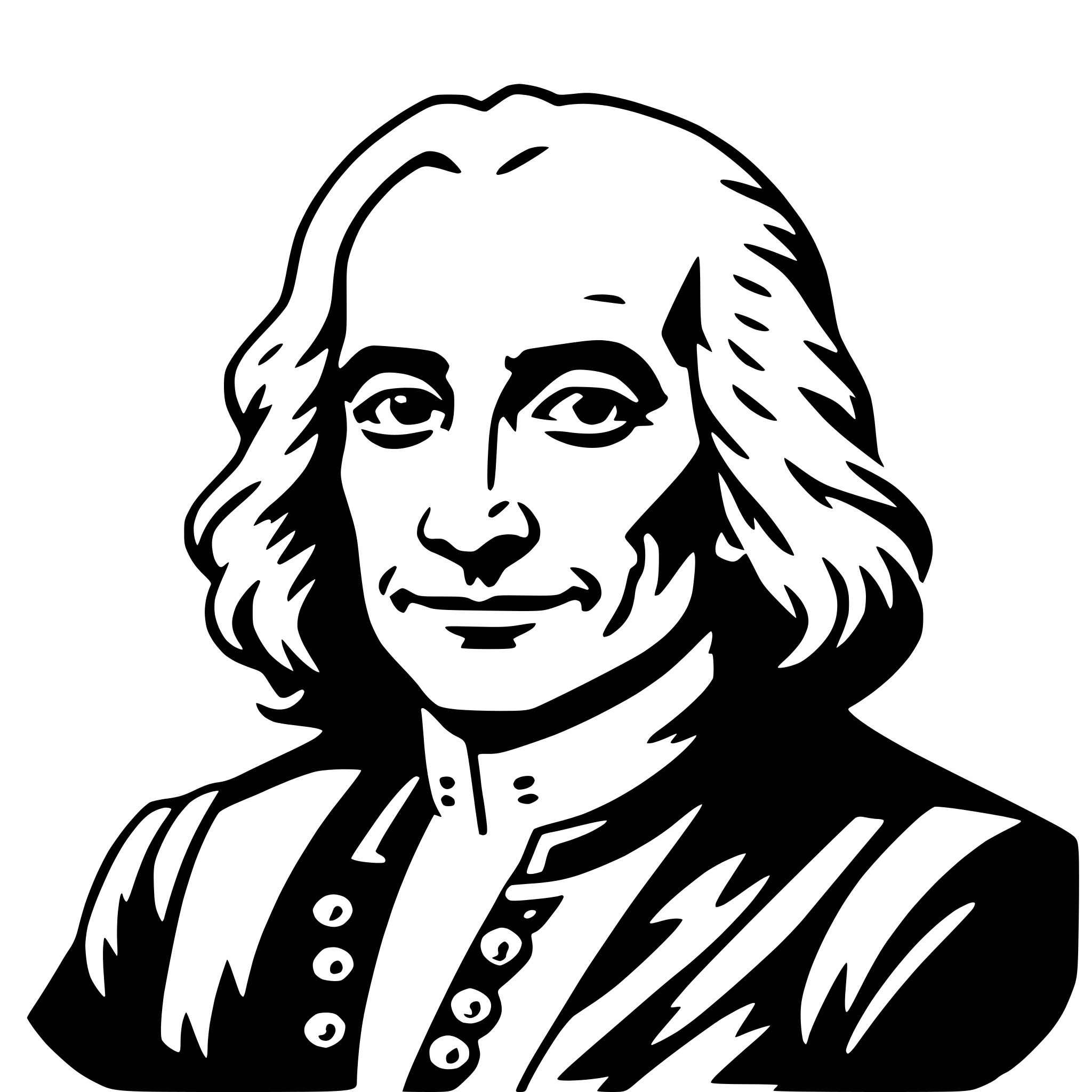 The SVG is a black and white vector illustration of a man's face. The man has a full head of hair, styled in a manner that suggests it might be wavy or curly. He has a beard and mustache, and his facial features are depicted with a certain level of detail, including the eyes, nose, mouth, and chin. The man is wearing a coat with a collar, which is visible at the neckline. The style of the illustration is simplistic and cartoonish, with bold outlines and minimal shading, which is typical for vector graphics. There is no interaction between objects in this SVG, as it is a portrait of a single individual. 