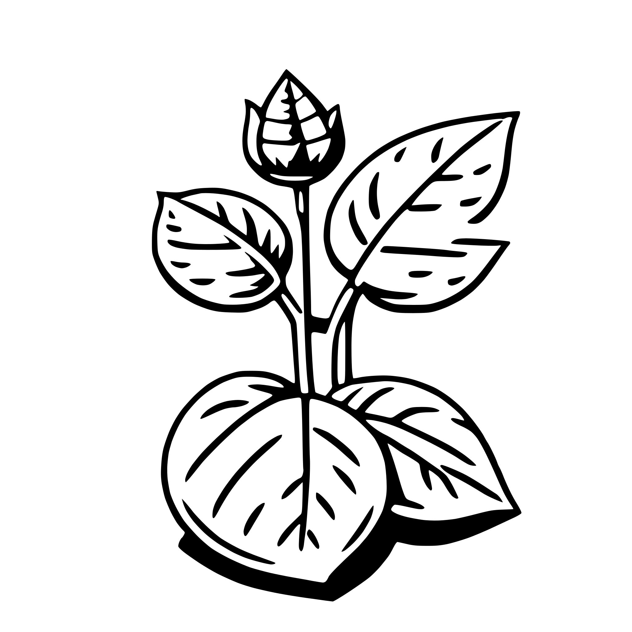 The SVG depicts a stylized illustration of a flower with a stem and leaves. The flower is at the center, with the stem extending upwards and the leaves spread outward, creating a symmetrical arrangement. The leaves are detailed with vein patterns, and the stem has a simple, thin line. The overall style is minimalistic and appears to be a line drawing with no shading or color information. 