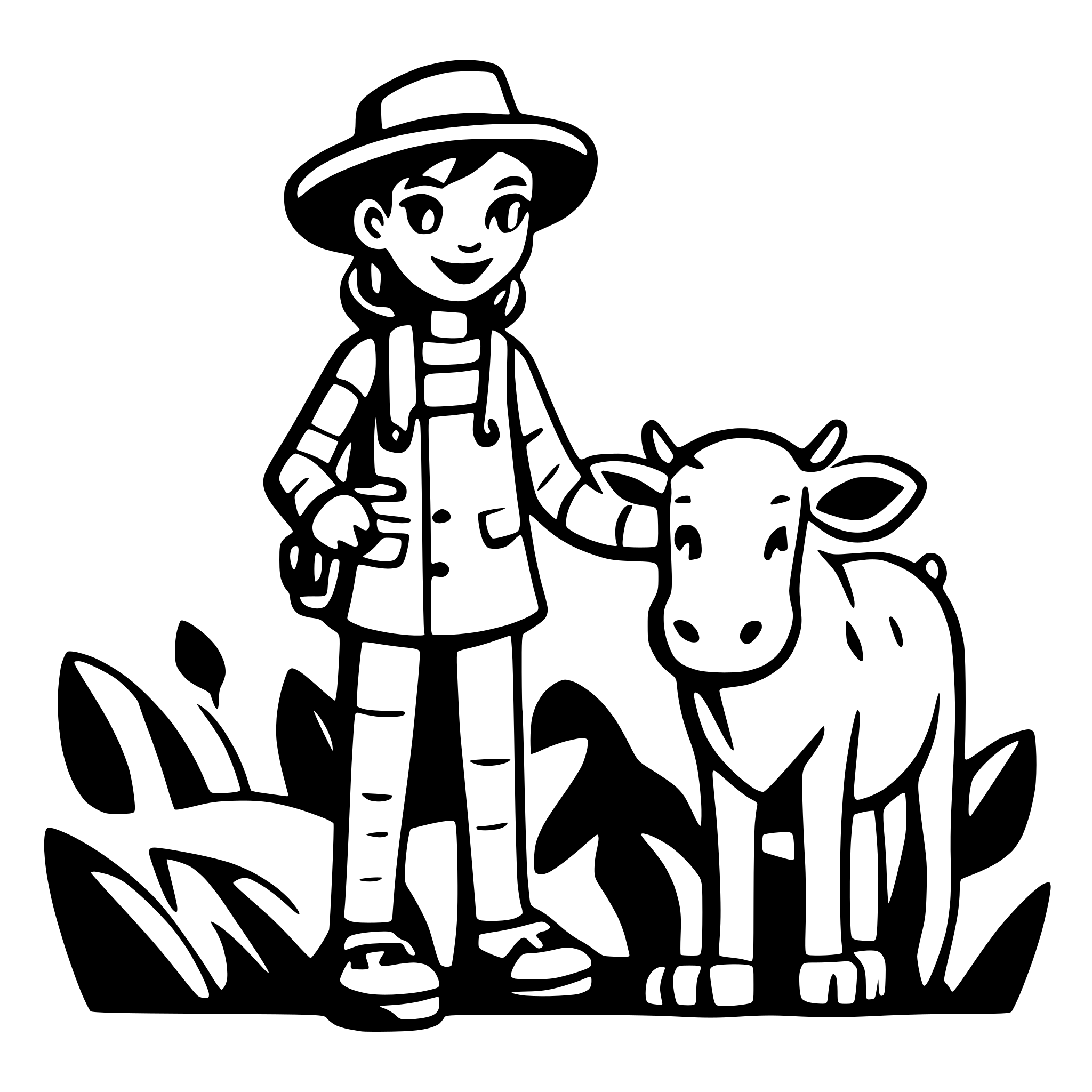 AI-generated SVG of a A Farmer holding a childs hand standing next to a cow