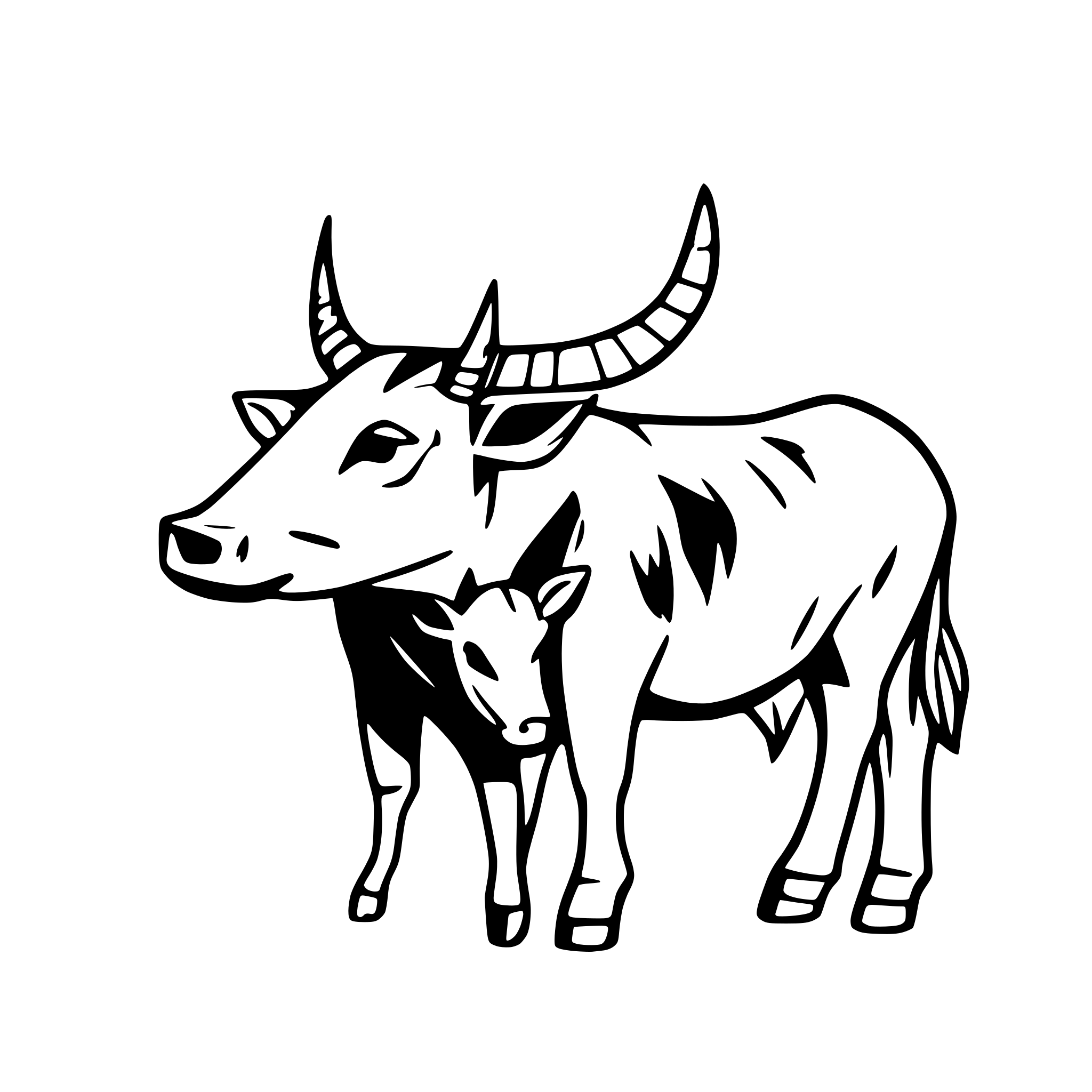 AI-generated SVG of a profile Indian sacred cow and her calf standing close together. The adult cow, positioned slightly to the left in profile, AI-generated SVG of a profile Indian sacred cow and her calf standing close together. The adult cow, positioned slightly to the left in profile,