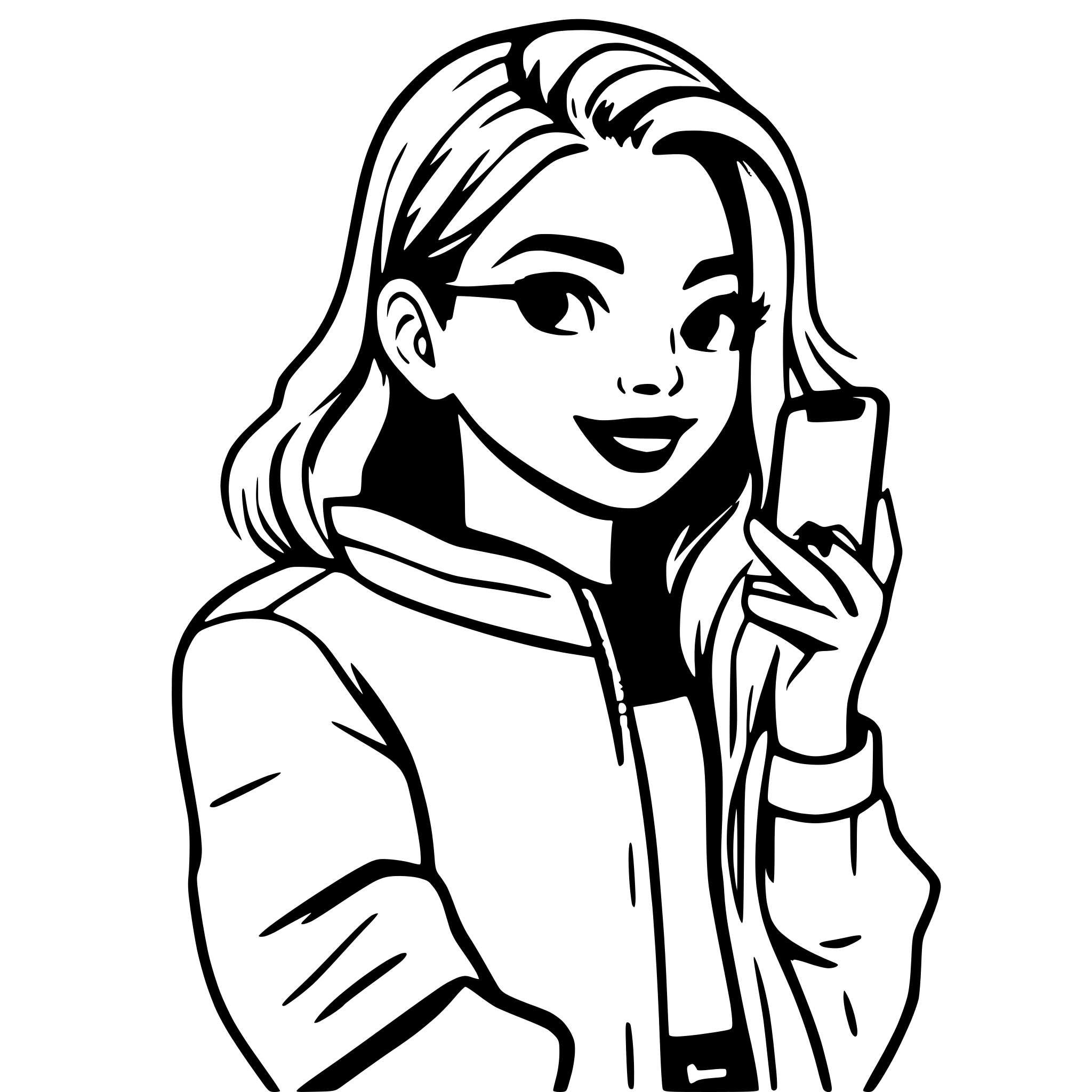 AI-generated SVG of a Goal: Create a illustration of consistent character (same face, same style) doing different actions — which can be layered as a frame-by-frame movement or SVG morph animation.  a young woman influencer with ponytail and sunglasses, wearing a casual jacket, taking selfies with a smartphone, clean outline cartoon style, high contrast line art, front facing --consistent character --simple background --frame 1   Action details for each frame:  Frame 1: ...holding phone high and making peace sign  Fr