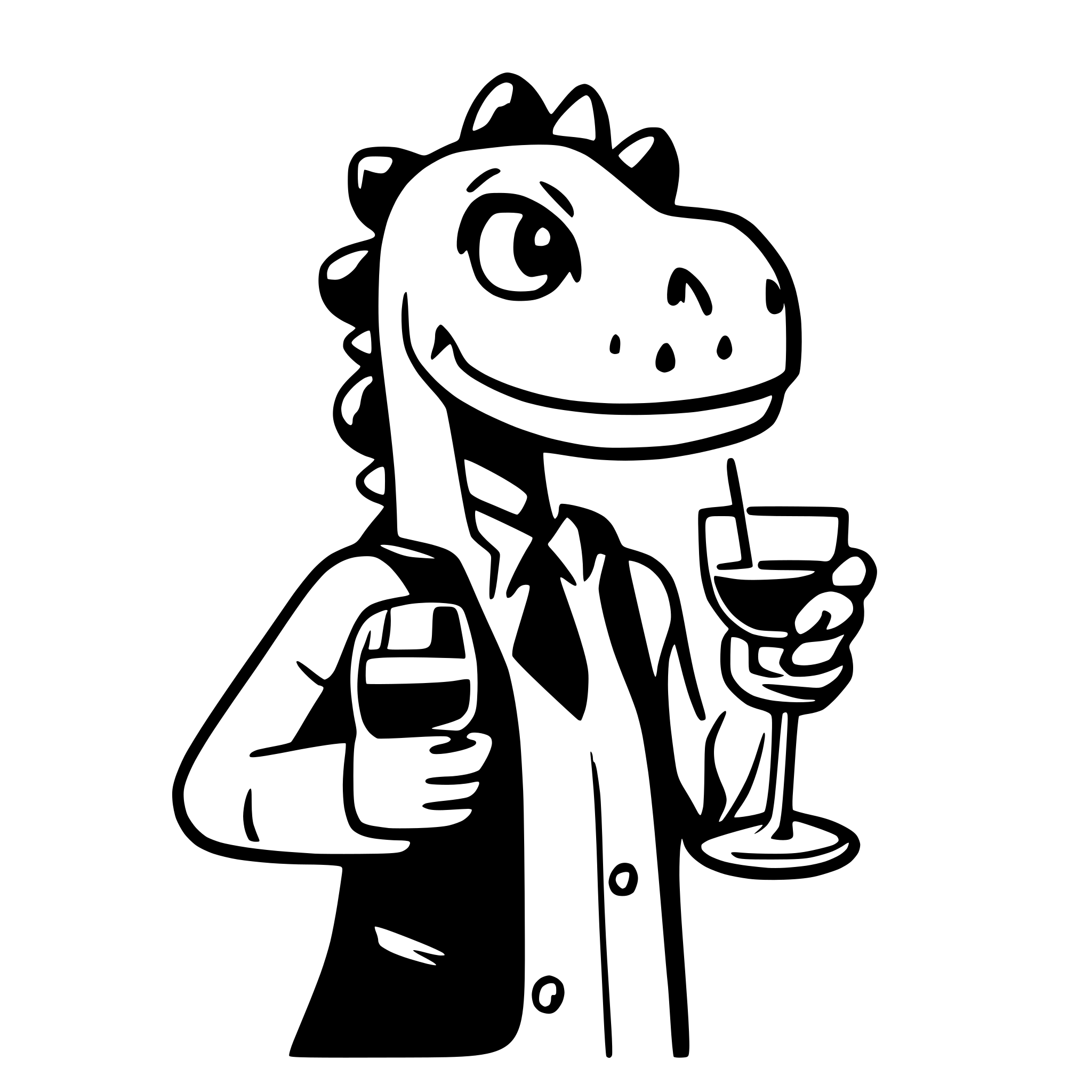 AI-generated SVG of a dinosaur with a glss of wine in the hand