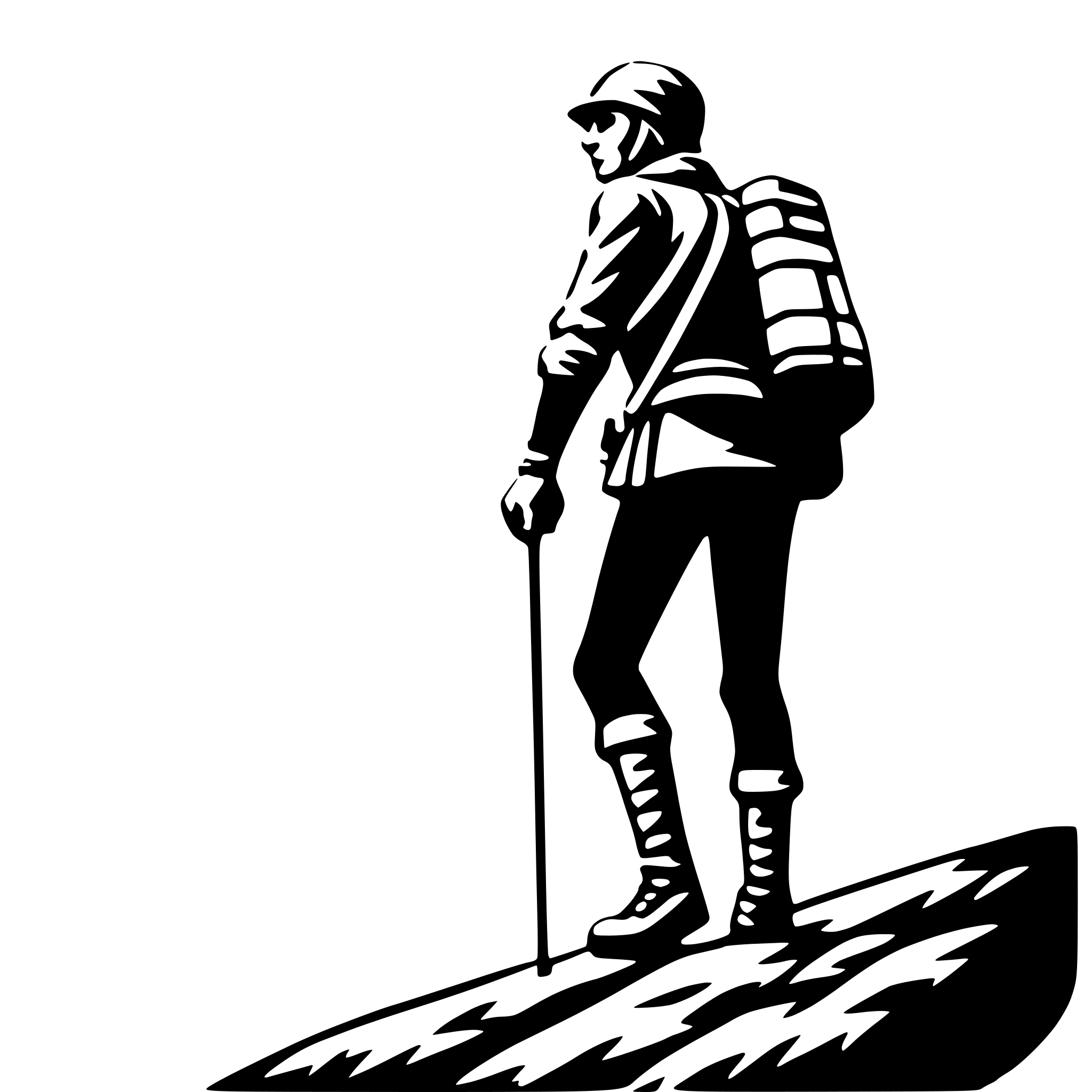 The SVG depicts a silhouette of a person walking uphill. The person is carrying a backpack on their back and a walking stick in their right hand. The individual is wearing a hat and appears to be dressed in a jacket and pants suitable for cold weather or outdoor activities. The shadow of the person and their belongings is cast on the ground, suggesting a light source from above. The person's posture indicates effort and movement, as they are ascending a slope. 