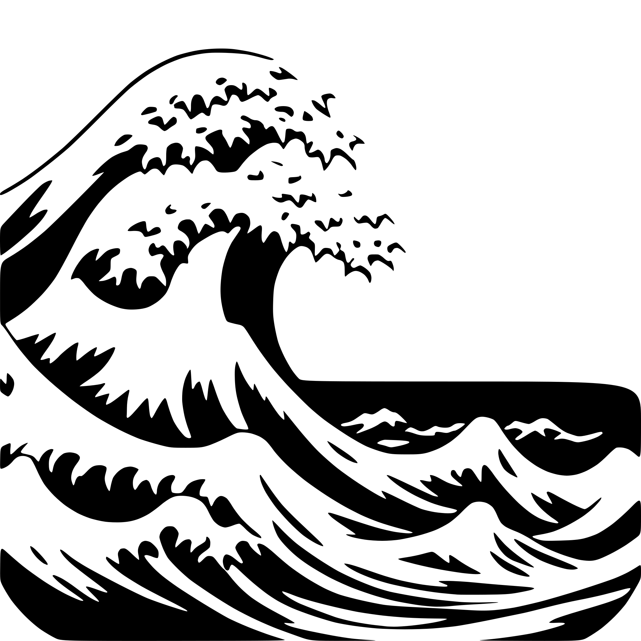 AI-generated SVG of 'simplified line drawing of the great wave in black and white, encased in a circle'