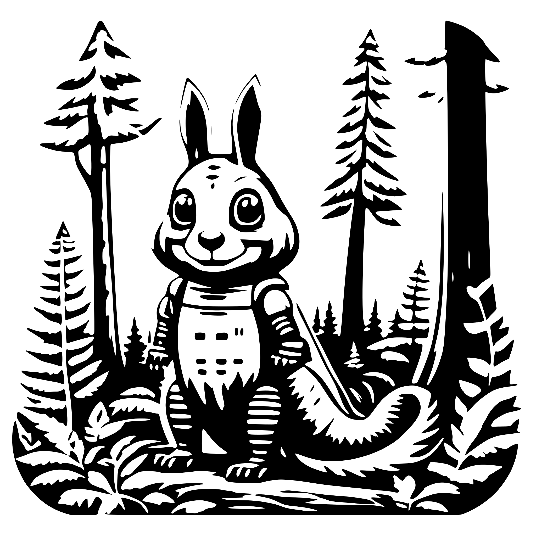 AI-generated SVG of a Robot squirrel with one eye in the forrest with  tree  nordic Scandinavian Outdoor feminist strong power nature fern