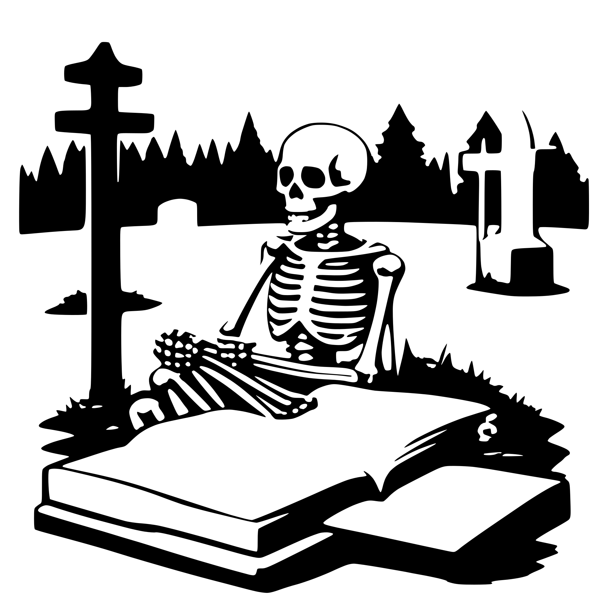 AI-generated SVG of a a skeleton on a cemetery reading a big book