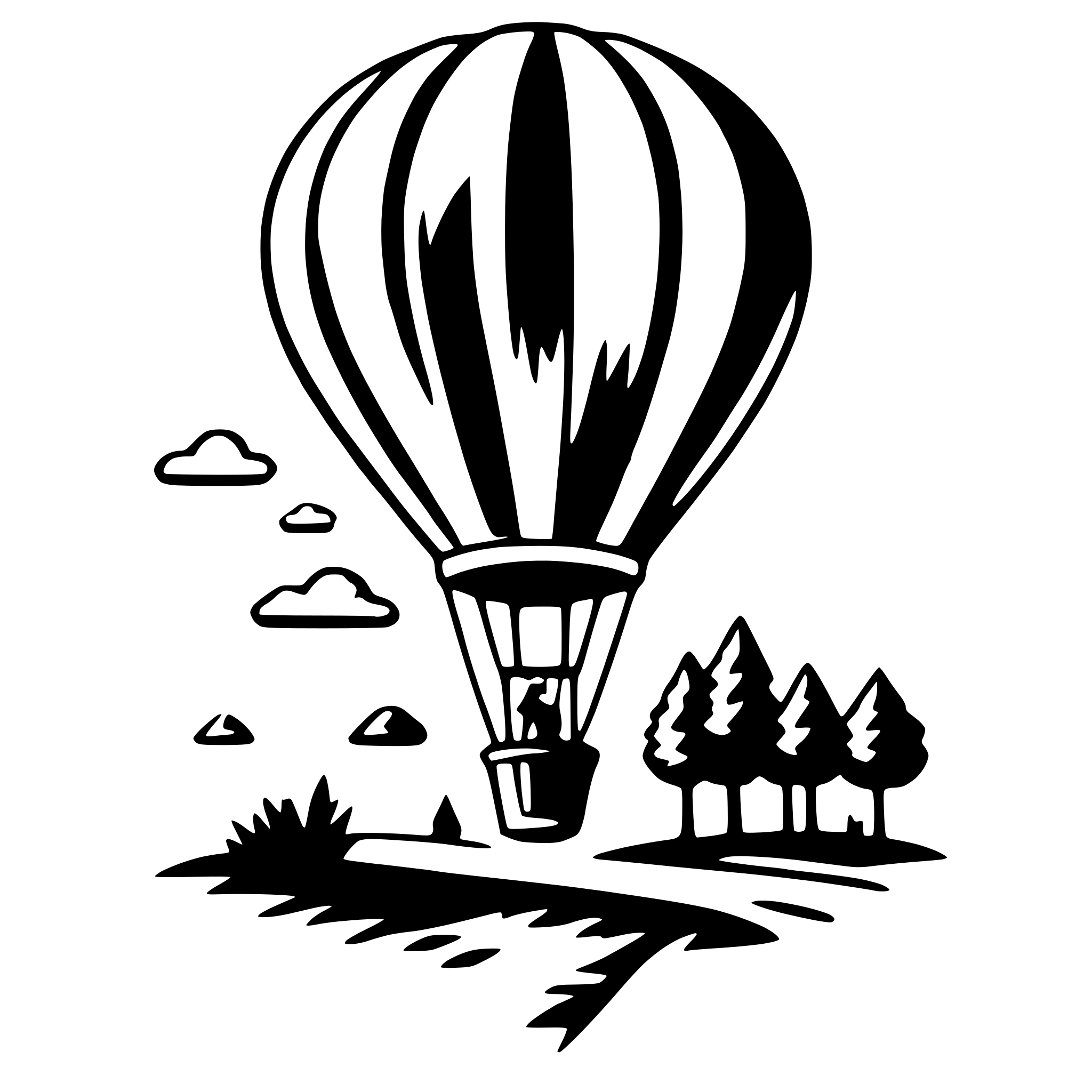 The SVG depicts a stylized scene with a large, hot air balloon ascending into the sky. The balloon is filled with a pattern that suggests it is made of fabric, and it has a basket attached to the bottom. Below the balloon, there is a landscape with a few trees and a small body of water. The sky is filled with clouds, and the sun is depicted as a simple circle with rays emanating from it. The overall style is simplistic and cartoonish, with bold outlines and minimal shading. The balloon appears to be in motion, as indicated by the direction of the rays from the sun. 