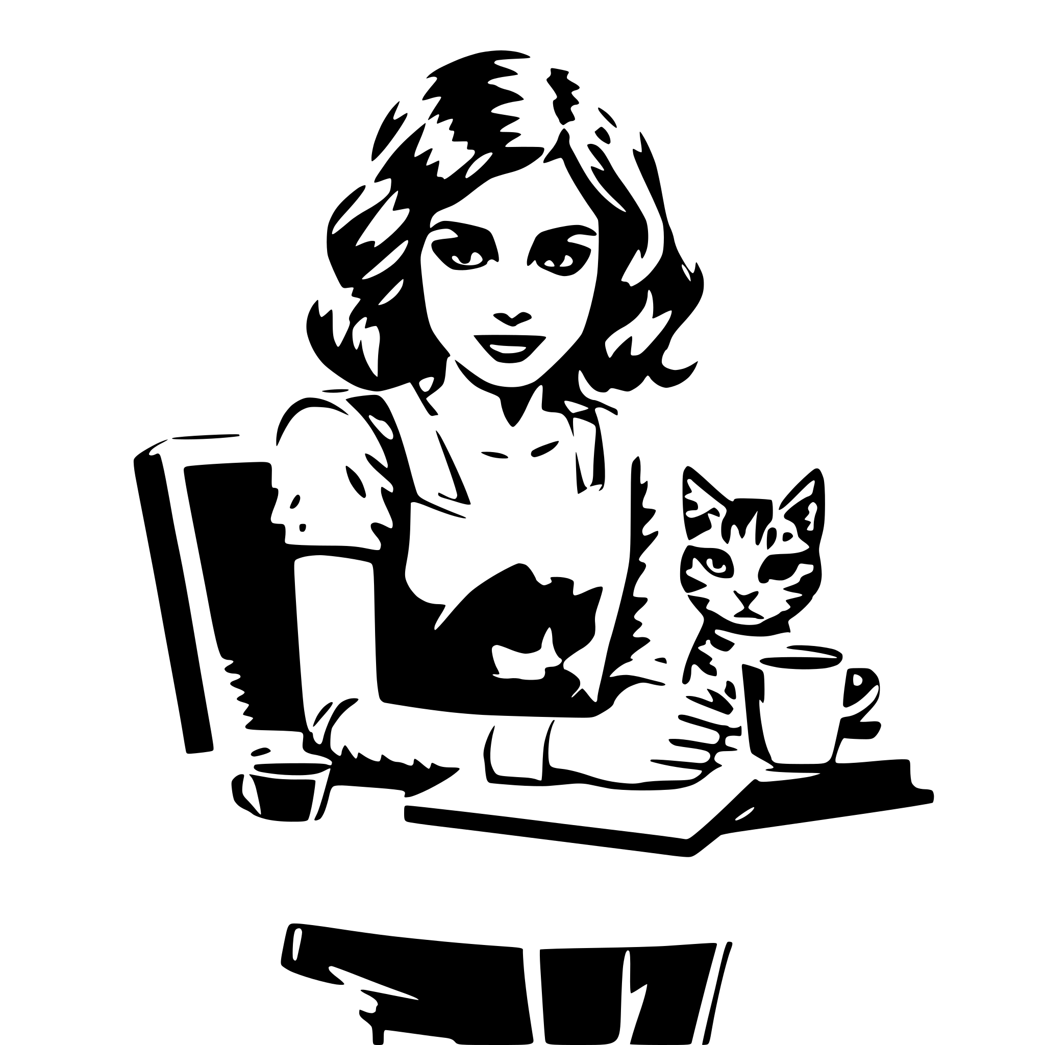 AI-generated SVG of 'a girl sitting on a desk with a coffee cup on it and she is holding a book. there are also 2 cats on the desk., line art, logo, circular'