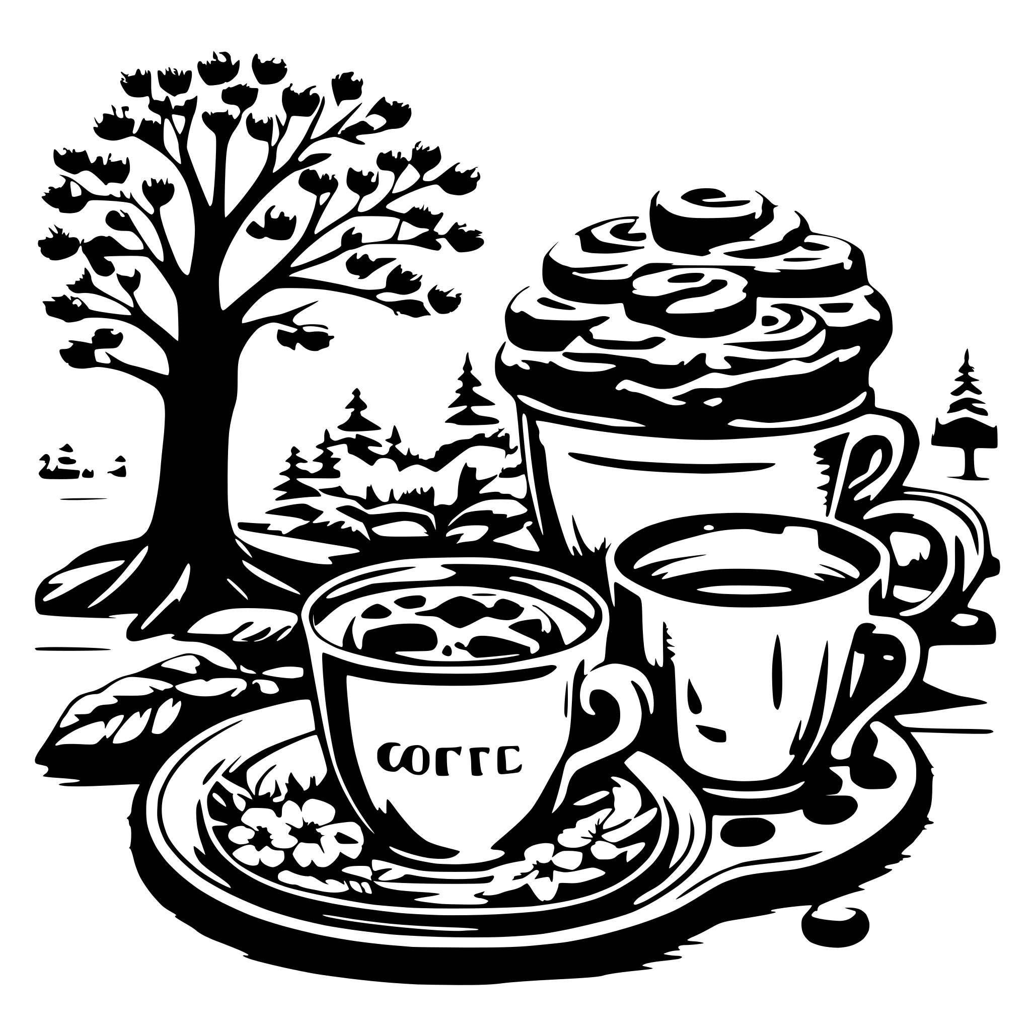 AI-generated SVG of a Coffee cinnamonbun swedish forrest pinetree eating together cup with tree inside and cookie tray camping scandinacian Norway dalamotiv rosemaling text fika one cup with flowers