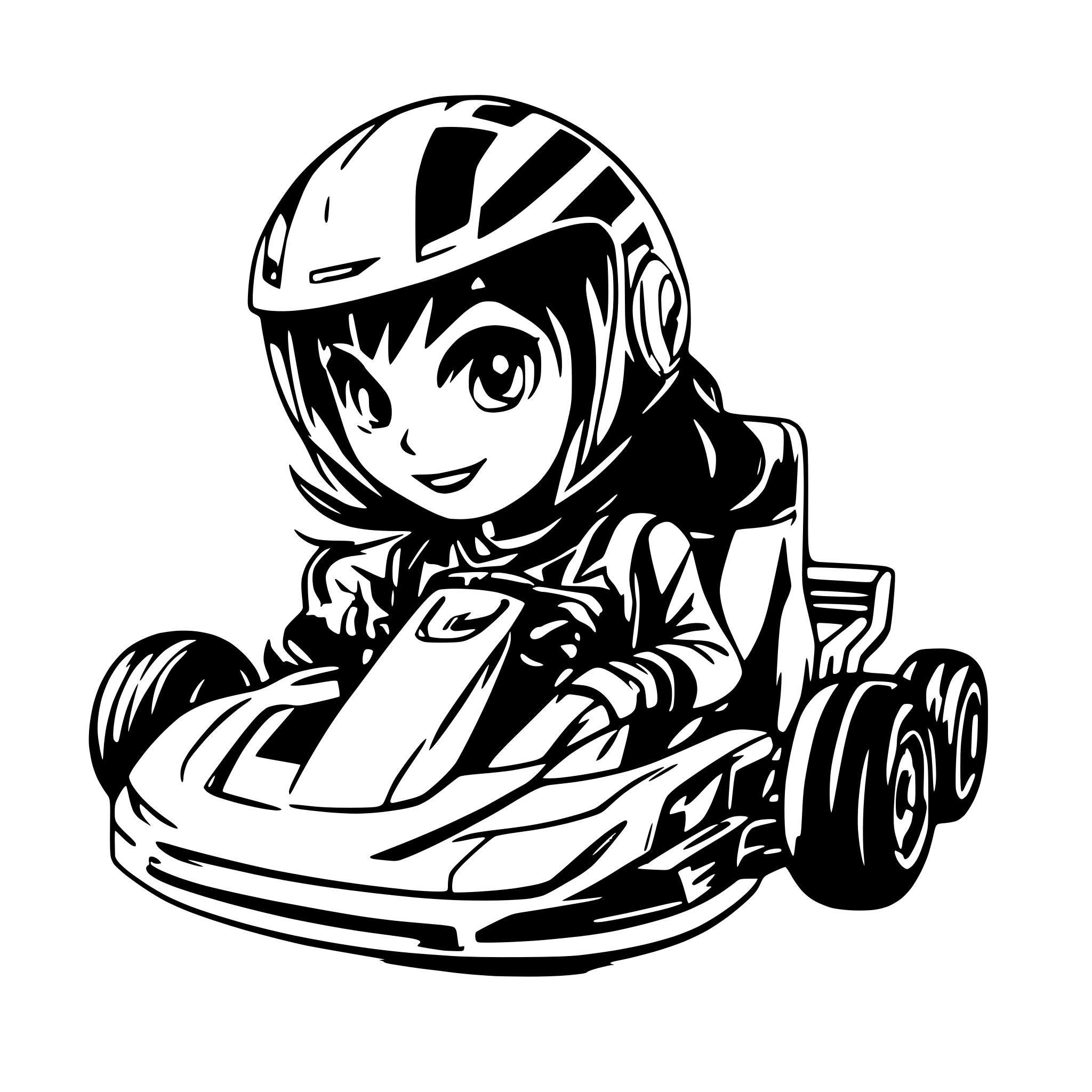 AI-generated SVG of a A go kart speeding with a teenager driver wearing a dark helmet . No background required
