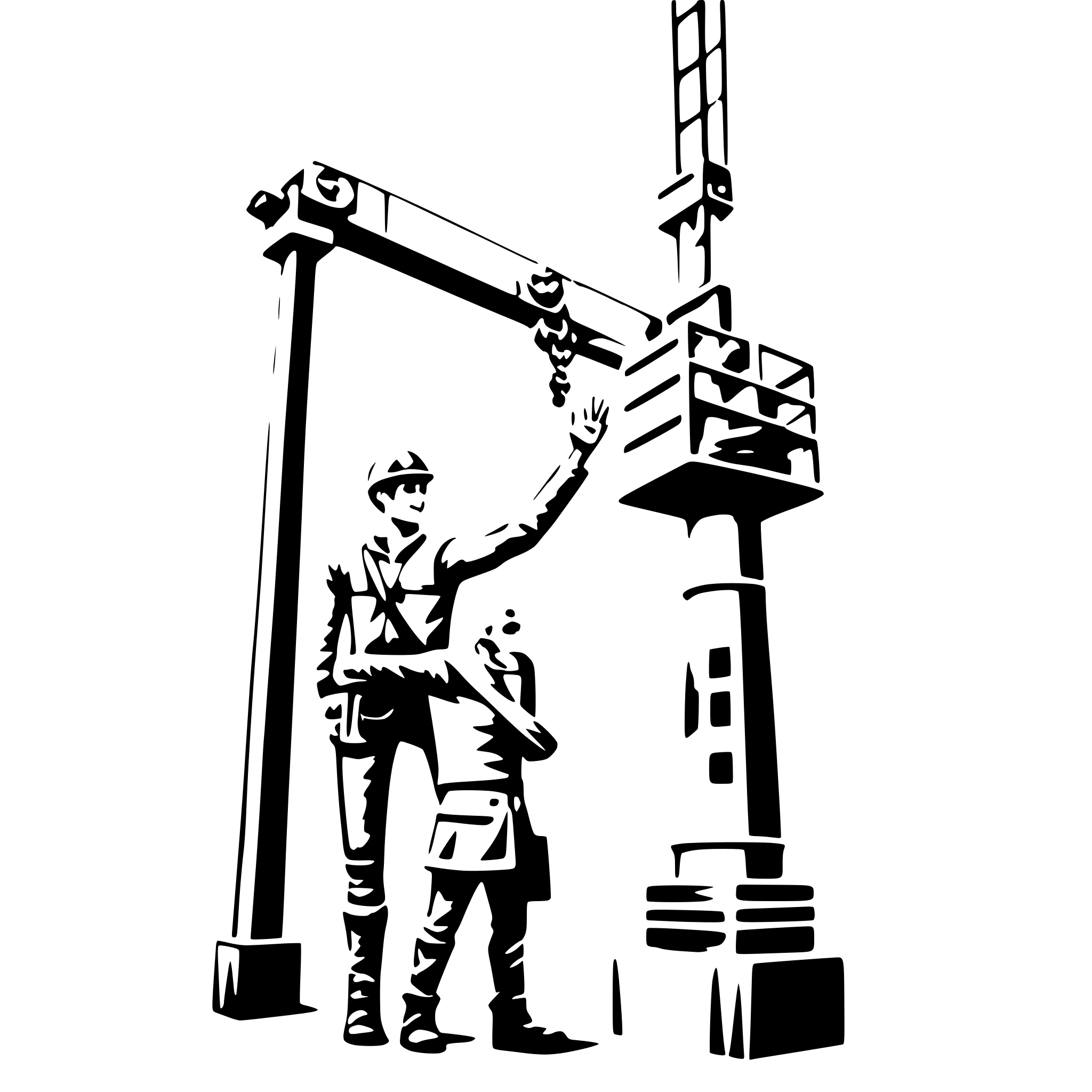 AI-generated SVG of a a foreman is waving a crane operator towards him.  The foreman's back is to us.  The crane is lifting a steel girder