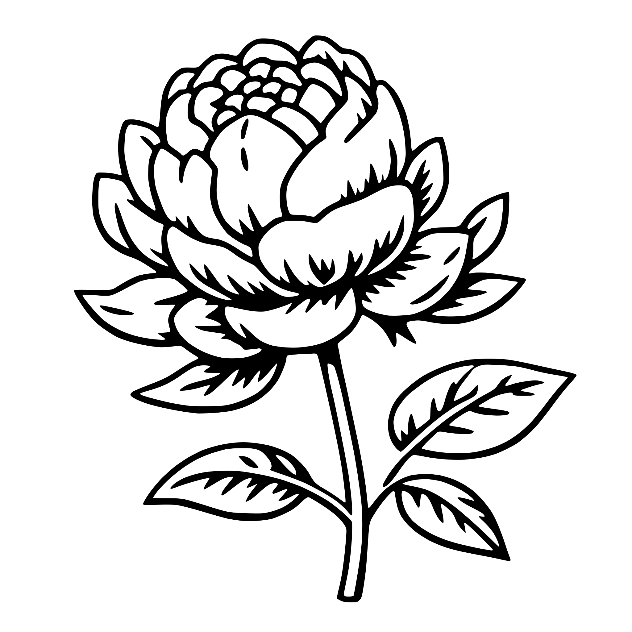 The SVG depicts a stylized black and white illustration of a flower with a full bloom. The flower has a central cluster of petals that radiate outward, and it is surrounded by a series of elongated, green leaf-like structures that appear to be attached to a central stem. The leaves are detailed with vein patterns, and the overall style is simple and graphic, with clean lines and a lack of shading or texture. The flower is the central focus of the SVG, and there is no interaction between the flower and the leaves, as they are part of the same plant. 