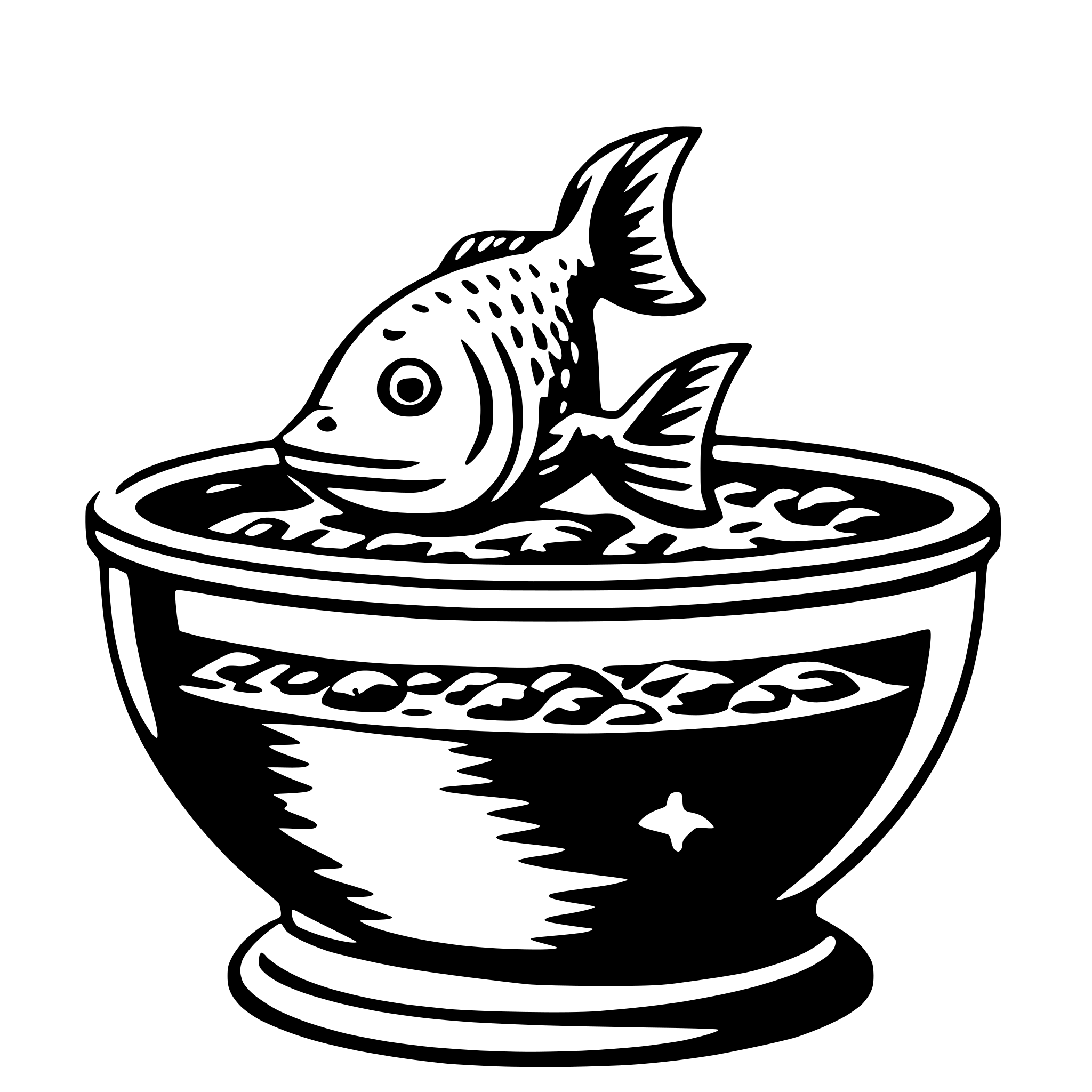 The SVG depicts a stylized illustration of a fish inside a bowl. The fish is oriented with its body facing the viewer and its tail fin extended outward. The bowl has a smooth, rounded shape with a flared opening at the top, and there is a textured pattern that resembles water or bubbles on the interior surface of the bowl. The bowl is placed on a base that appears to be a simple, flat stand. The overall style of the SVG is reminiscent of a classic, hand-drawn illustration with bold outlines and minimal shading. 