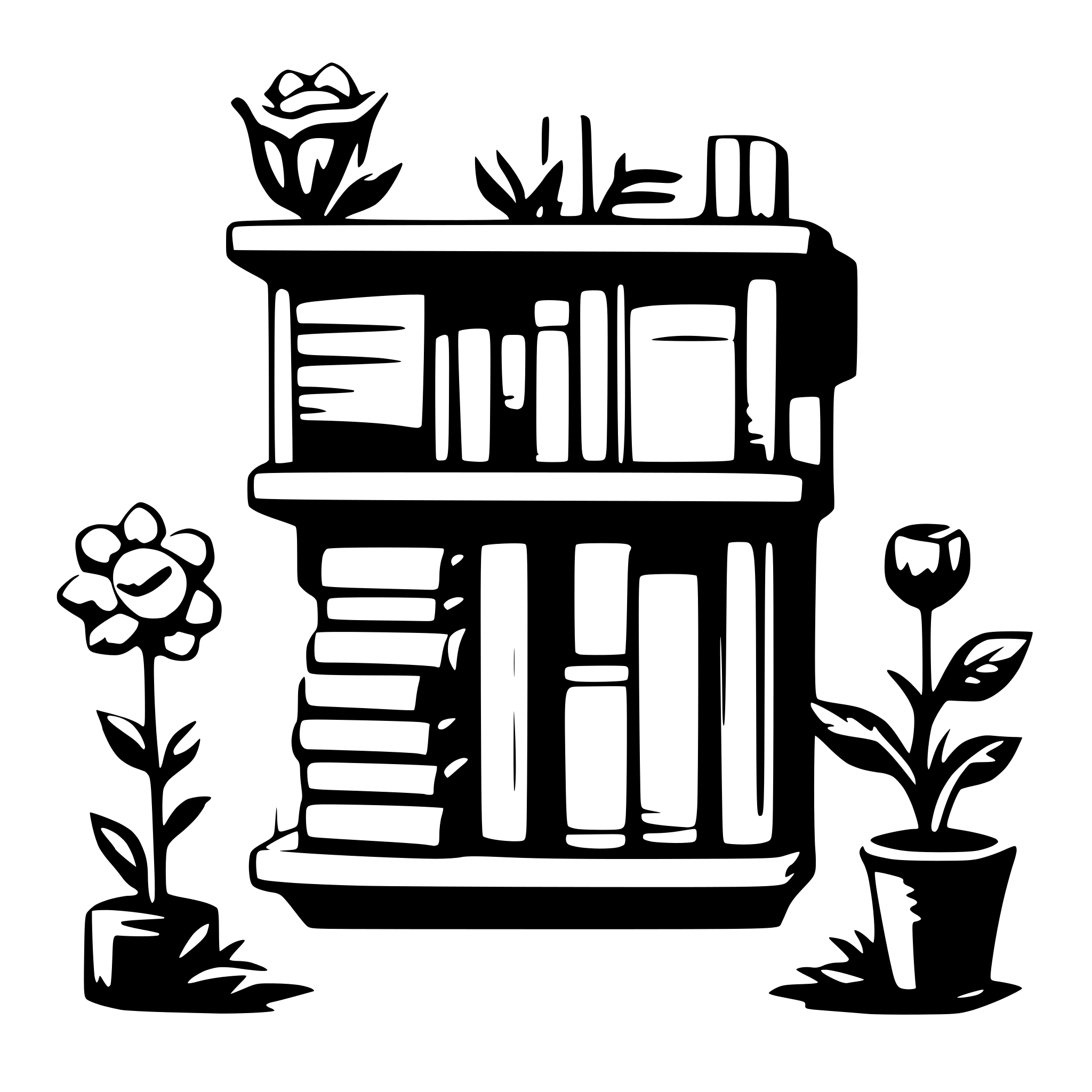 AI-generated SVG of a 11 books vertical on shelf with surrounding flowers AI-generated SVG of a 11 books vertical on shelf with surrounding flowers