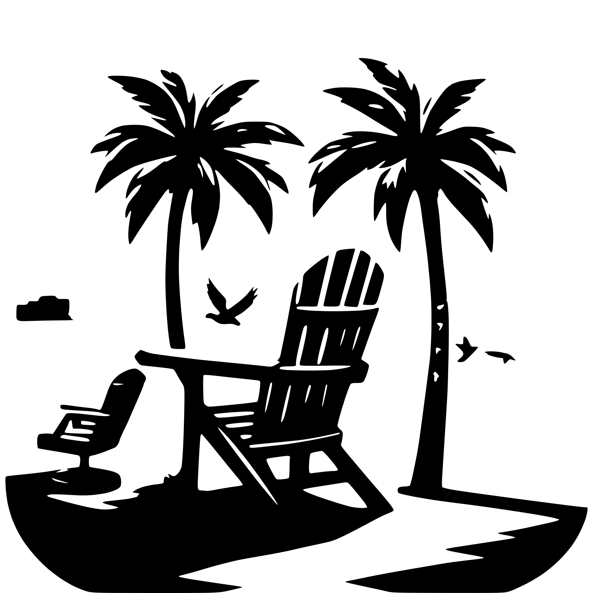 AI-generated SVG of 'palm trees on the beach with adirondack chairs and birds flying in front of the sunset'
