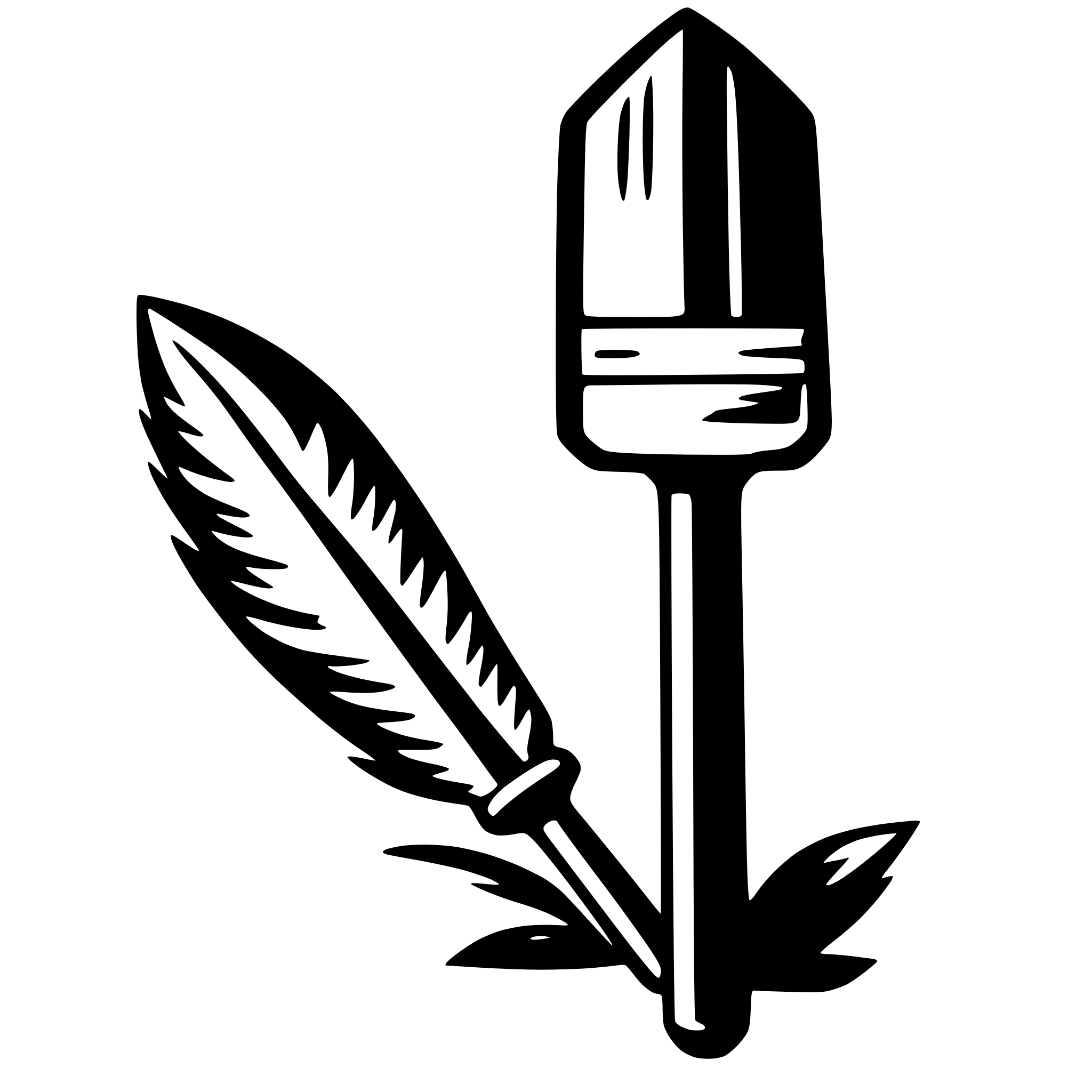 The SVG features a stylized depiction of a quill pen with a feather and a nib. The quill is positioned vertically, with the feather extending to the left and the nib pointing to the right. The feather has a series of feather-like lines that suggest its texture and shape. The nib is shown with a simple outline, indicating its sharpness and the point where ink would be applied. The SVG is a vector graphic, which means it is composed of lines and shapes that can be scaled without losing quality. The overall design is simple and iconic, commonly associated with traditional writing instruments. 
