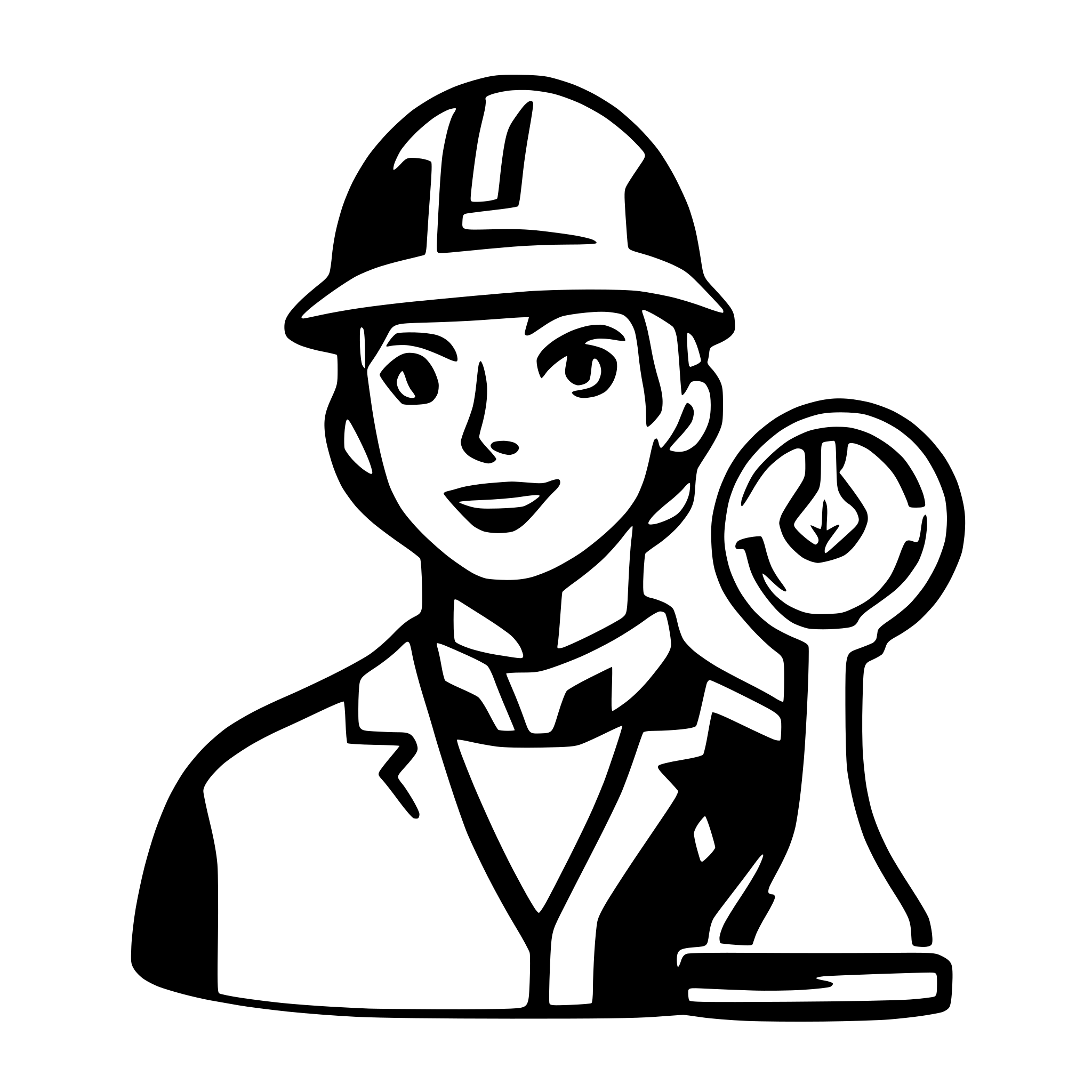 AI-generated SVG of a 2 colors icon (blue and white) bust of worker with helmet and a hourglass