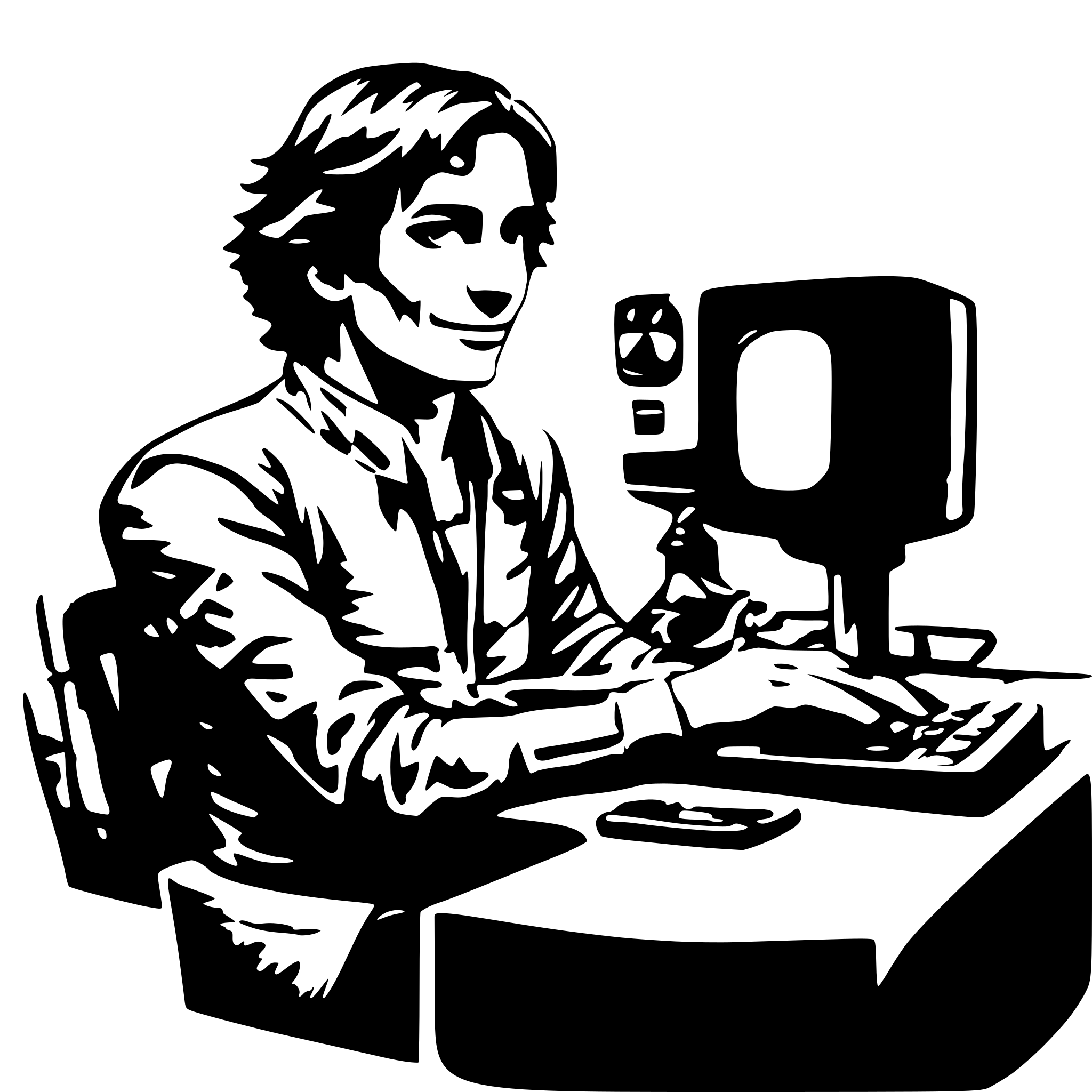 AI-generated SVG of a happy guy typing on desktop computer