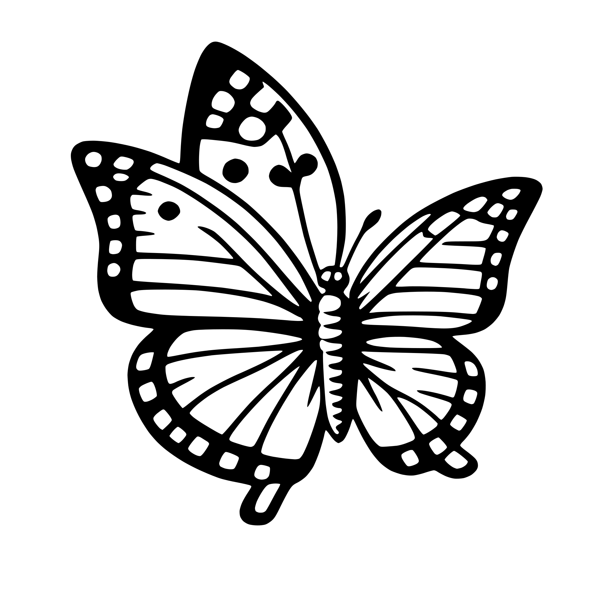 The SVG shows a stylized black and white butterfly. The butterfly has two wings with a pattern of dots and lines, a body, and antennae. The wings are spread out, and the antennae are extended forward. The butterfly is centered in the SVG, and there are no other objects or interactions depicted. 