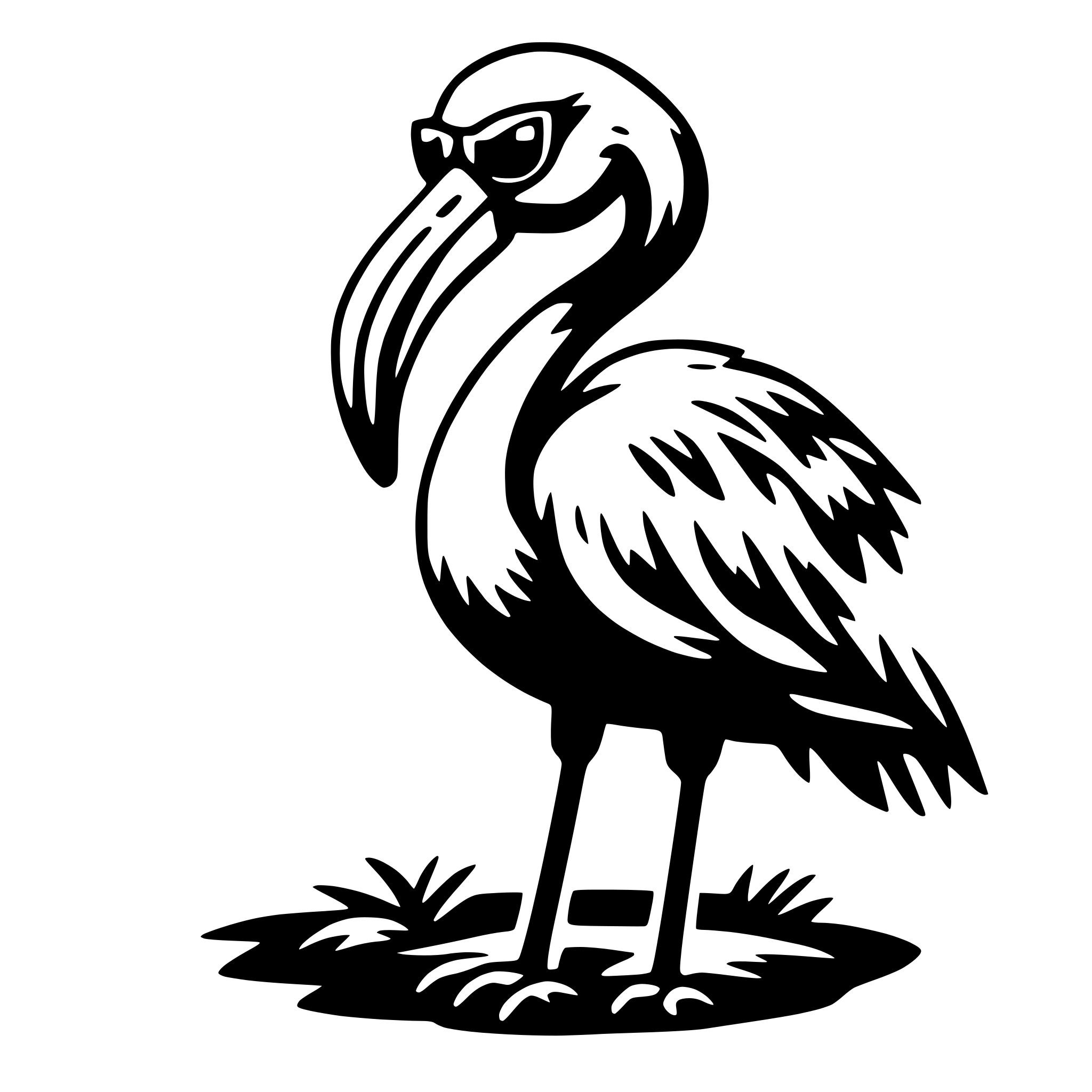 The SVG depicts a stylized black and white illustration of a bird. The bird is standing on one leg, with the other leg tucked under its body. It has a long neck, a prominent beak, and a large head with a crest. The bird is wearing sunglasses, giving it a somewhat whimsical or anthropomorphic appearance. The bird is set against a simple, solid background, and there are no other objects or interactions depicted in the SVG. 