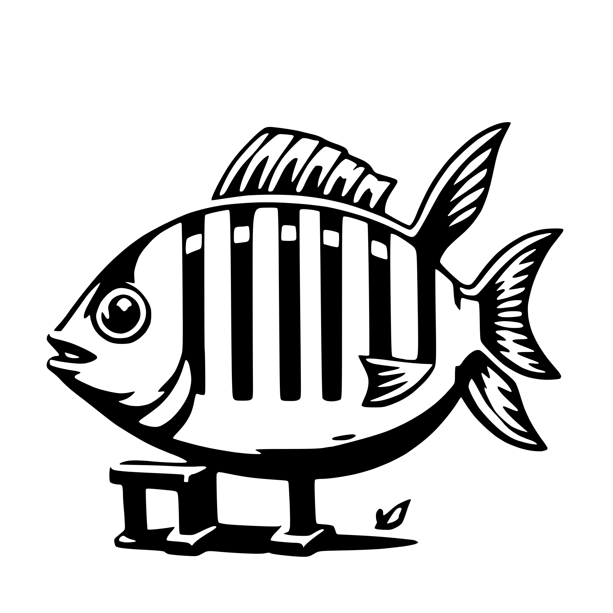 The SVG depicts a stylized fish with a prominent striped pattern on its body. The fish is sitting on a small bench, which is positioned on the lower part of the SVG. The fish's tail is curled up, and it appears to be looking slightly to the left. The overall style of the SVG is simple and cartoonish, with bold lines and a limited color palette. 