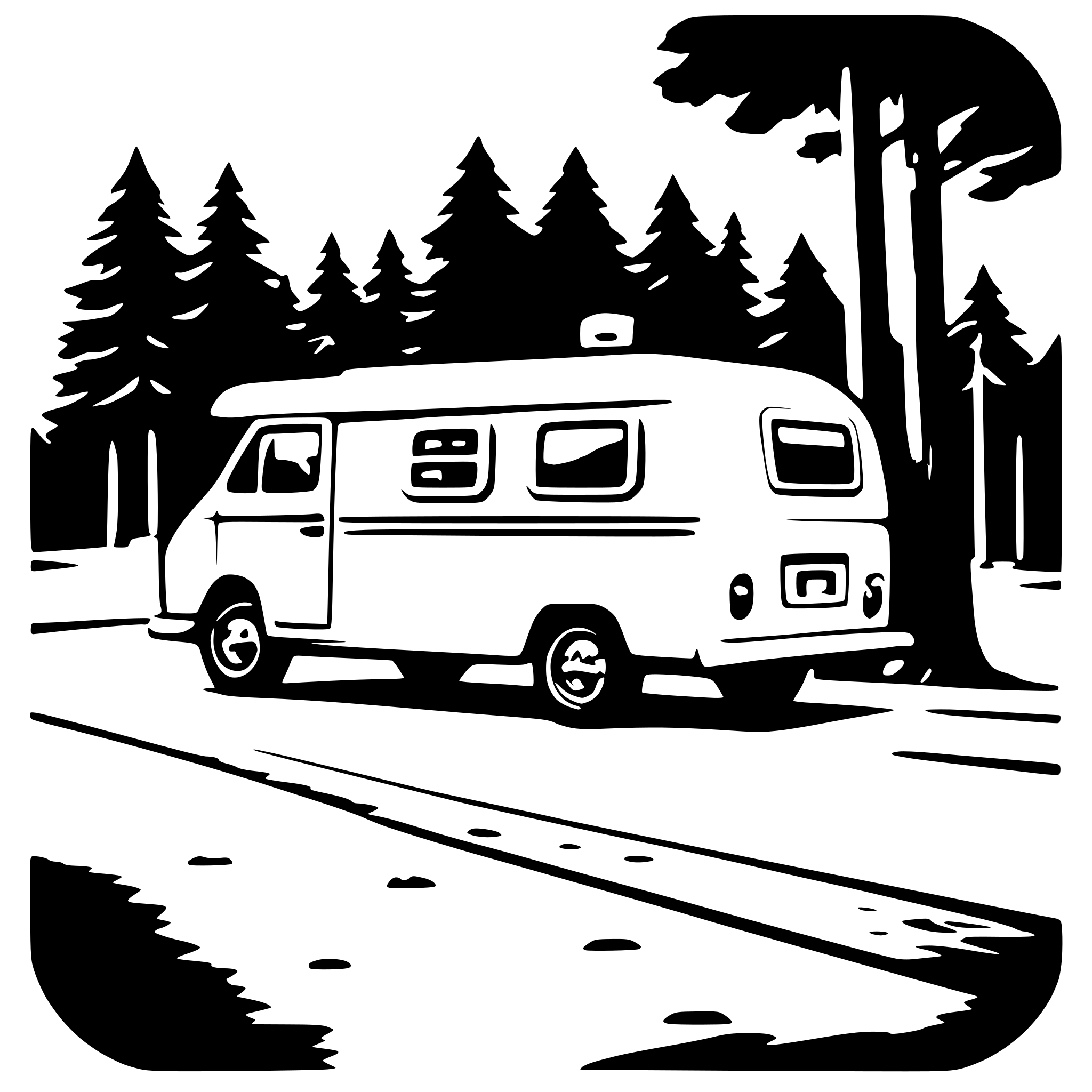 AI-generated SVG of 'A cute, simple illustration of a camper van pulling into a campground. Long shot profile viewpoint.'