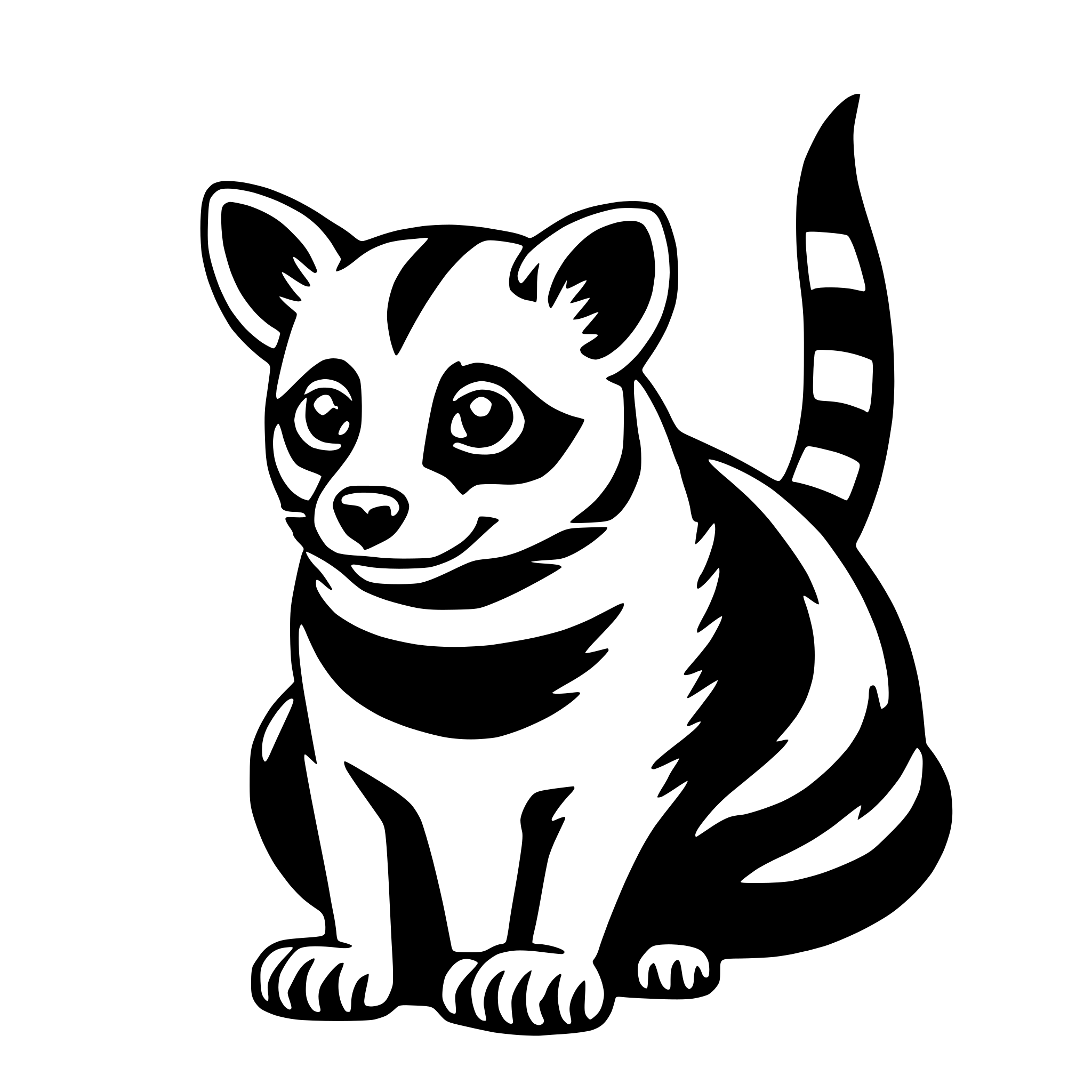 The SVG depicts a stylized, cartoon-like depiction of a raccoon. The raccoon is sitting upright with its front paws extended forward, and its tail is curled around its body. It has large, round eyes and a small, pointed nose. The raccoon's fur appears to be a mix of dark and light stripes, which is characteristic of raccoons. The SVG is simple and uses solid colors without any shading or gradients, giving it a flat design aesthetic. 