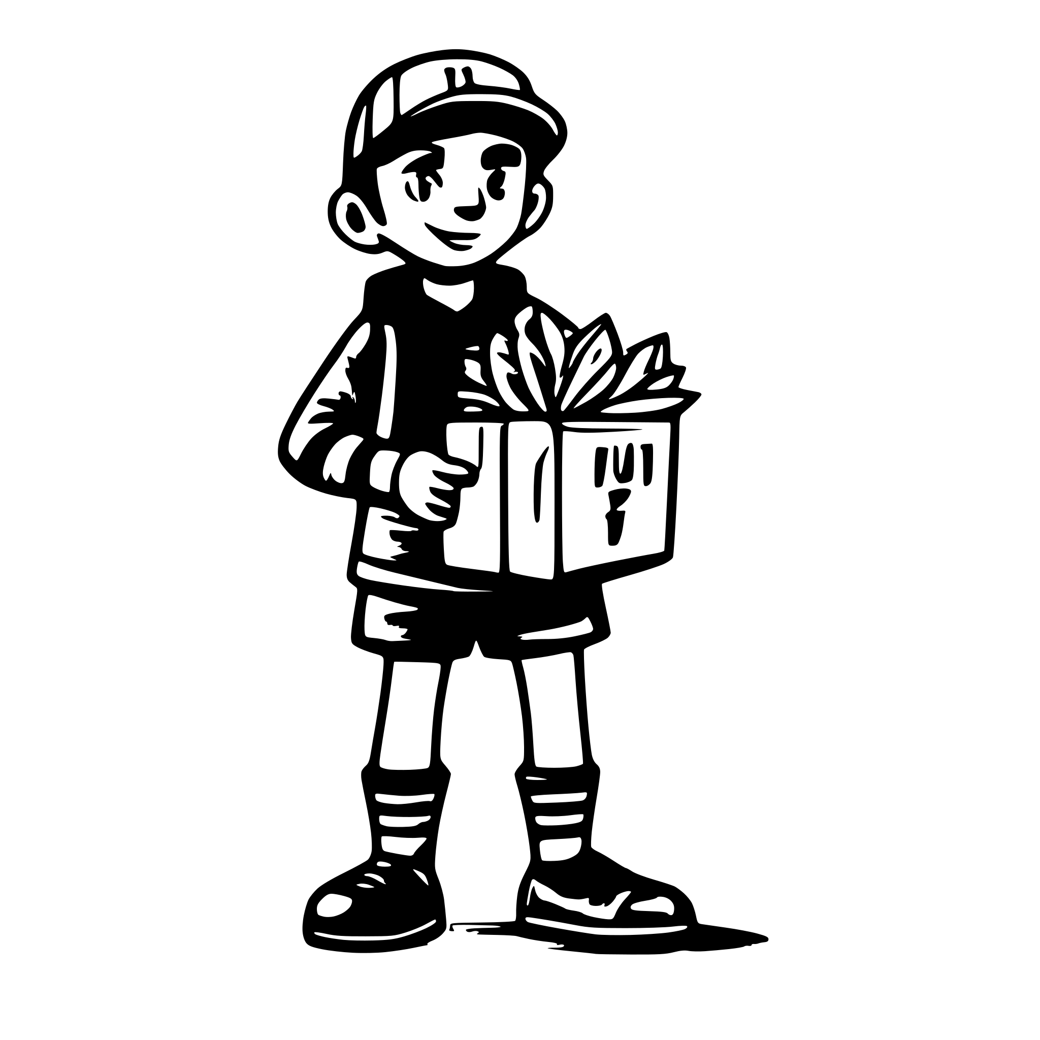 AI-generated SVG of a color image,full body cartoon boy , short bearded, wearing a  red  manchester united tracksuit and a yellow cap with the green letters F I U written on it, holding a package