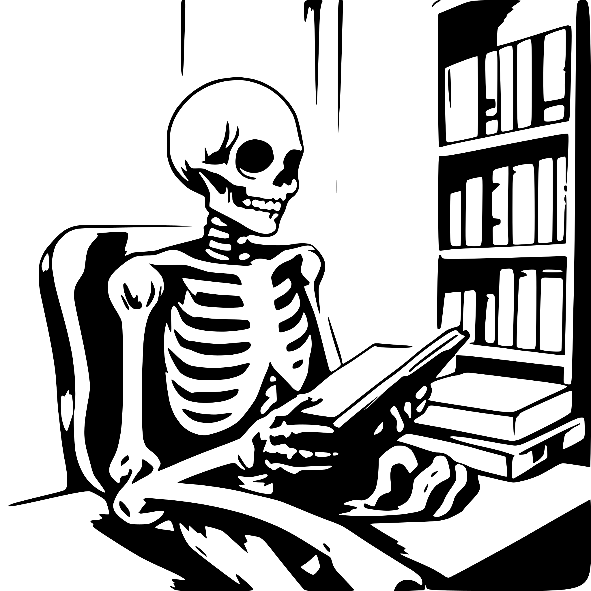 AI-generated SVG of a skeleton reading a book