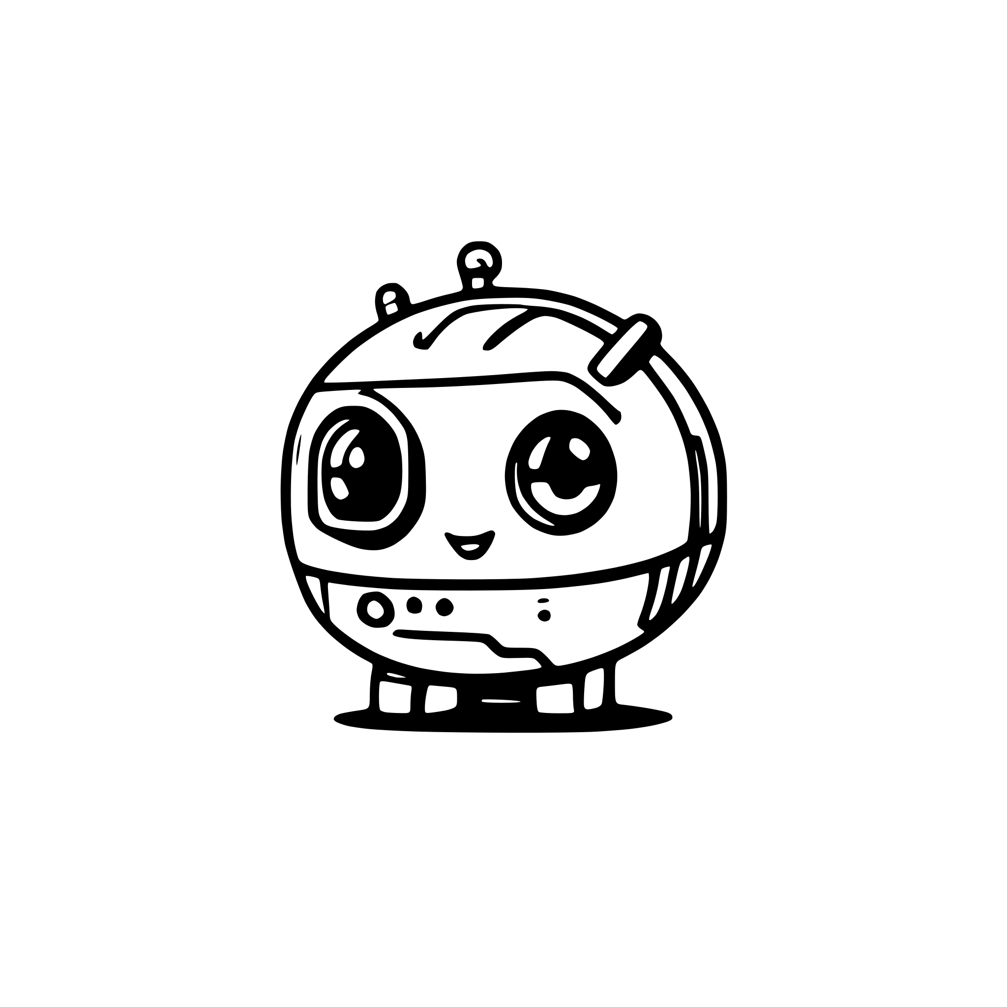AI-generated SVG of a cute pet robot in the style of a retro Tamagotchi, with a rounded body, digital eyes, antenna, and mechanical arms. The robot should have a playful, minimalist look with pixel art details. Use bold lines, flat colors, and a cheerful expression. Make it suitable for a digital pet NFT collection.