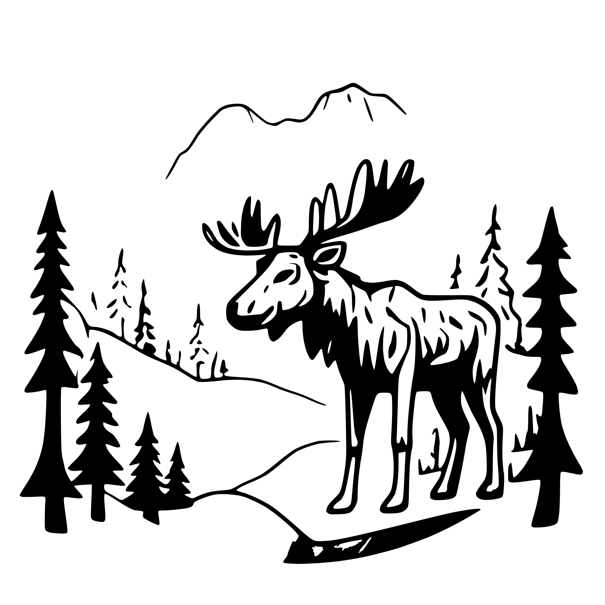 AI-generated SVG of a Moose surrounded by landscape and other moose forest mountains