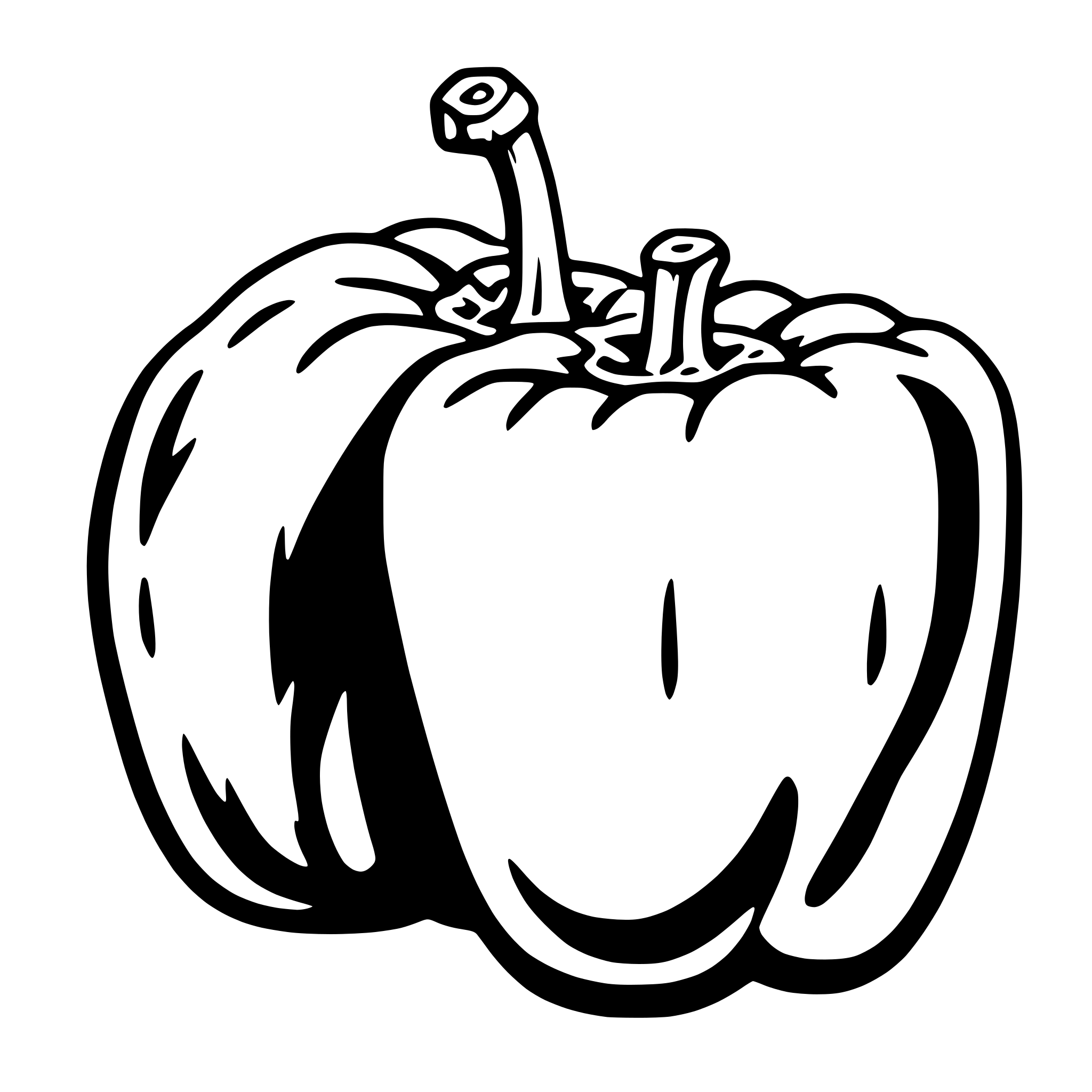 The SVG shows a stylized, cartoon-like depiction of a pepper. It has a large, bulbous body with a smooth, curved surface that tapers slightly towards the bottom. The pepper has a stem at the top, which is thin and pointed, and two small, round protrusions that could be interpreted as the pepper's "eyes." The pepper's shape is simplified, with no detailed textures or shading, giving it a flat appearance. There is no interaction between the pepper and any other objects, as it is the sole focus of the SVG. 