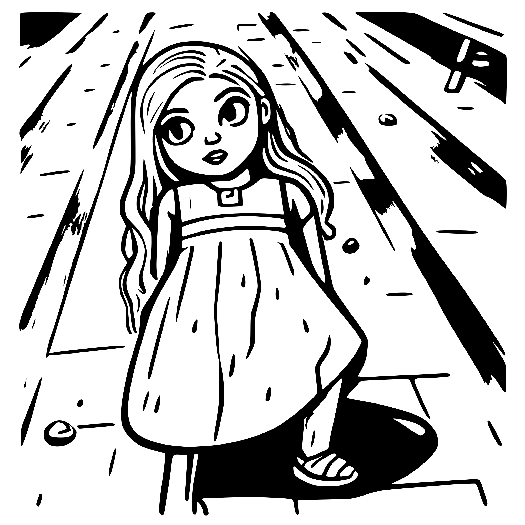 AI-generated SVG of 'A grotesque girl lying on the pavement, drawn in David Shrigley, Liana Finck and Stefan Marx style. The digital illustration using a fine-tip pencil, with deliberately a wobbly, hand-drawn feel. simple comics, line drawing'