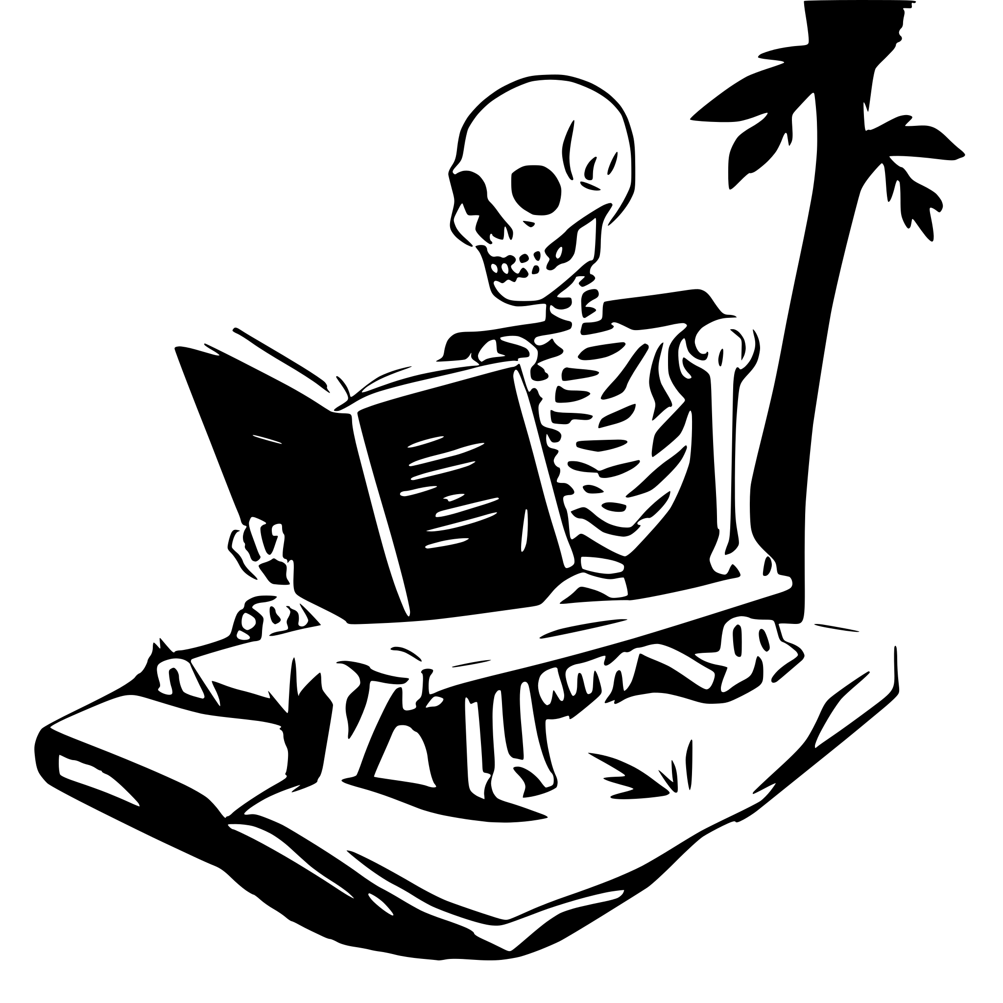 AI-generated SVG of a a skeleton on a cemetery reading a big book