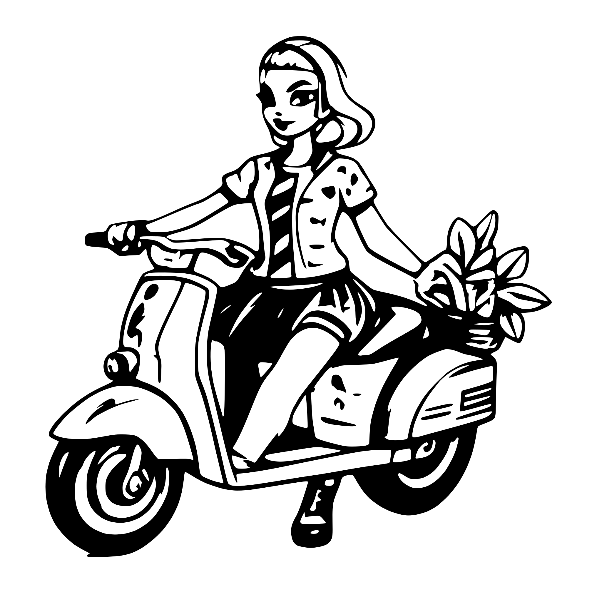 AI-generated SVG of a Woman on a vespa Rockabilly