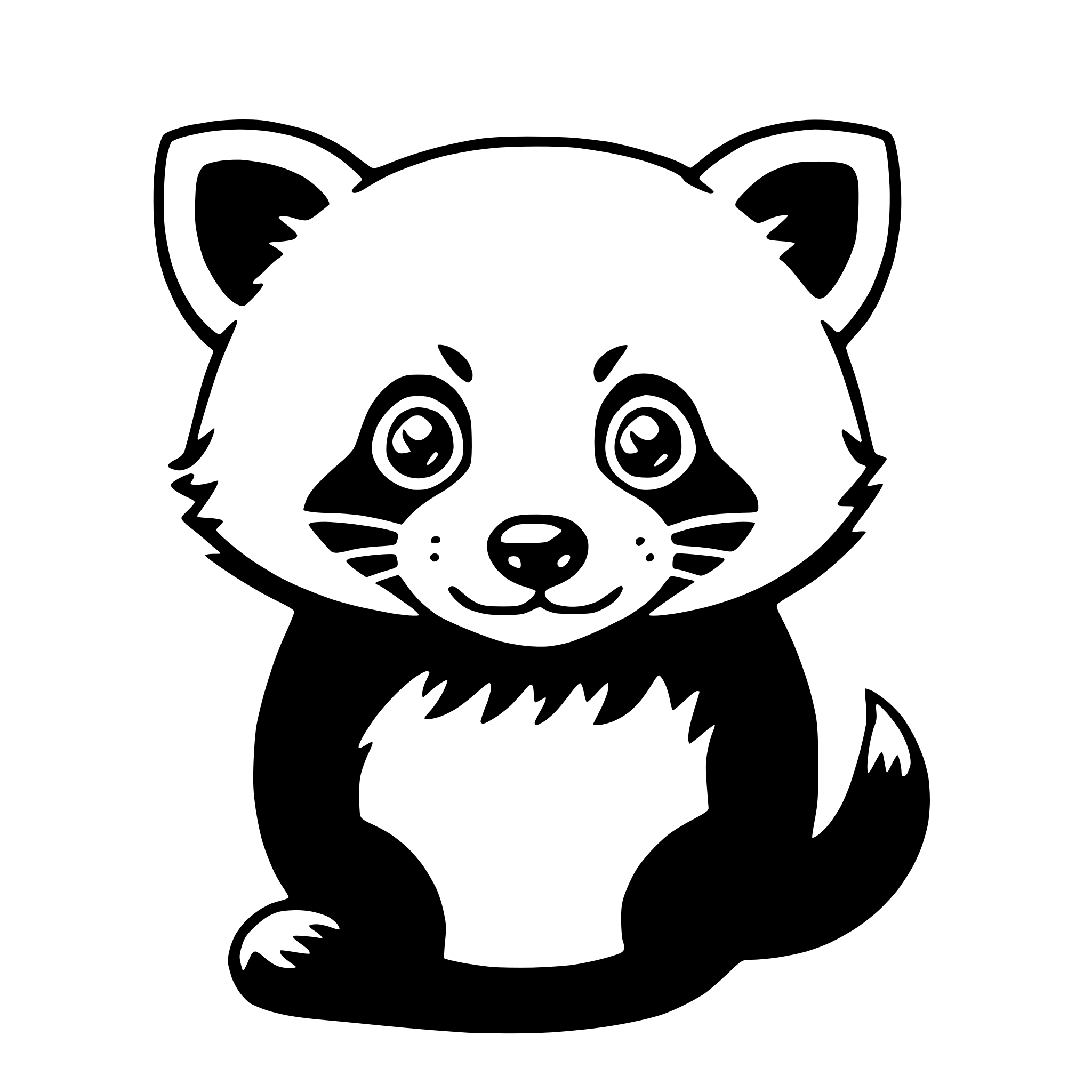 The SVG depicts a cute, cartoon-style illustration of a raccoon. The raccoon is sitting upright with its front paws resting on its chest and its tail curled around its body. It has large, round eyes that are looking directly at the viewer, giving it a friendly and engaging expression. The raccoon's fur appears to be a mix of dark and light shades, suggesting a naturalistic color scheme. The SVG is simple and clear, with no additional objects or interactions depicted. 