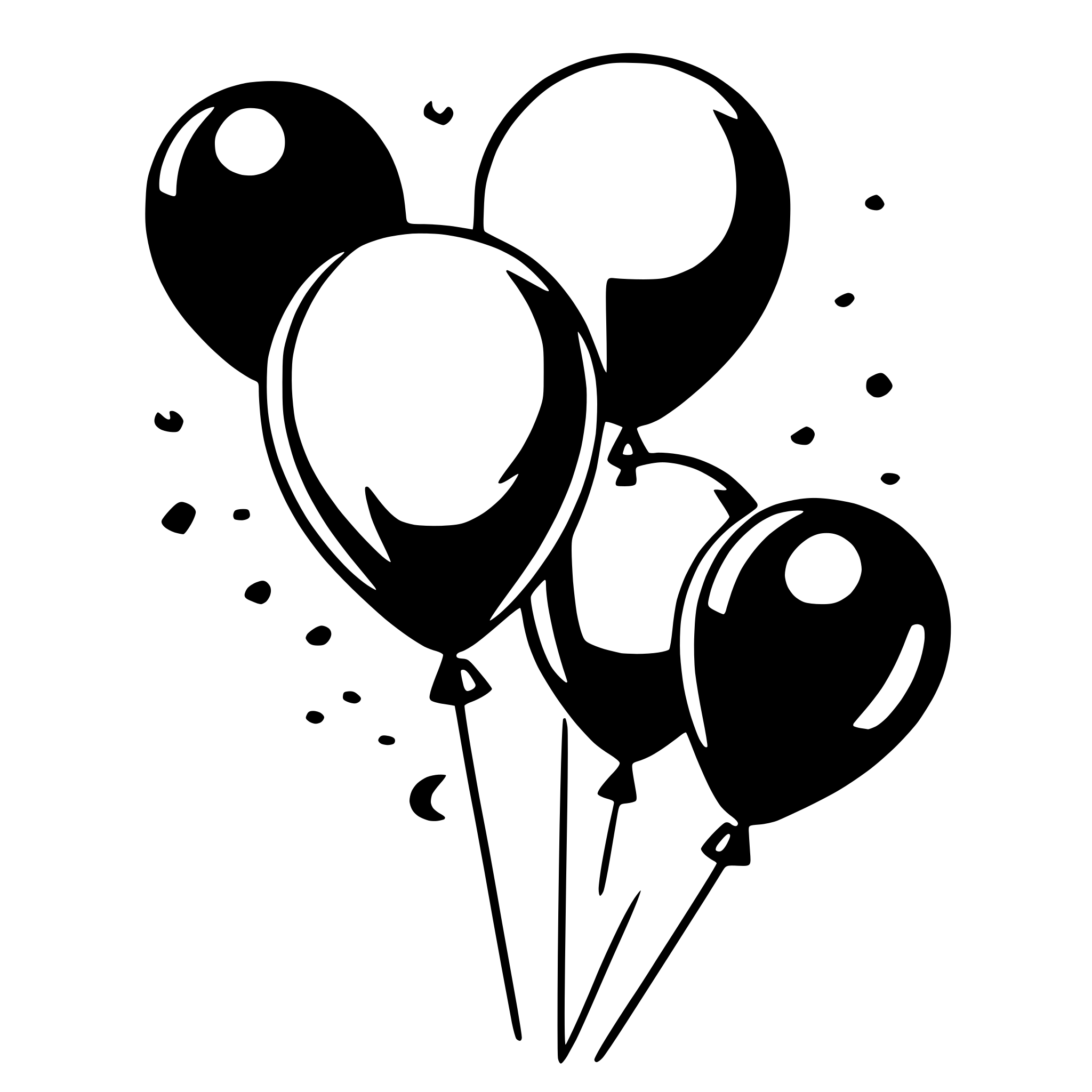 The SVG shows a stylized illustration of a bunch of balloons. There are three balloons with a shiny, reflective surface, and they are tied together with a string. The balloons are black with a white interior, and they are floating in the air. The string is attached to the top of the balloons, and there are small black dots scattered around the balloons, suggesting a playful or celebratory atmosphere. The balloons are the main objects in the SVG, and their interaction is that they are connected by the string, creating a sense of unity and festivity. 